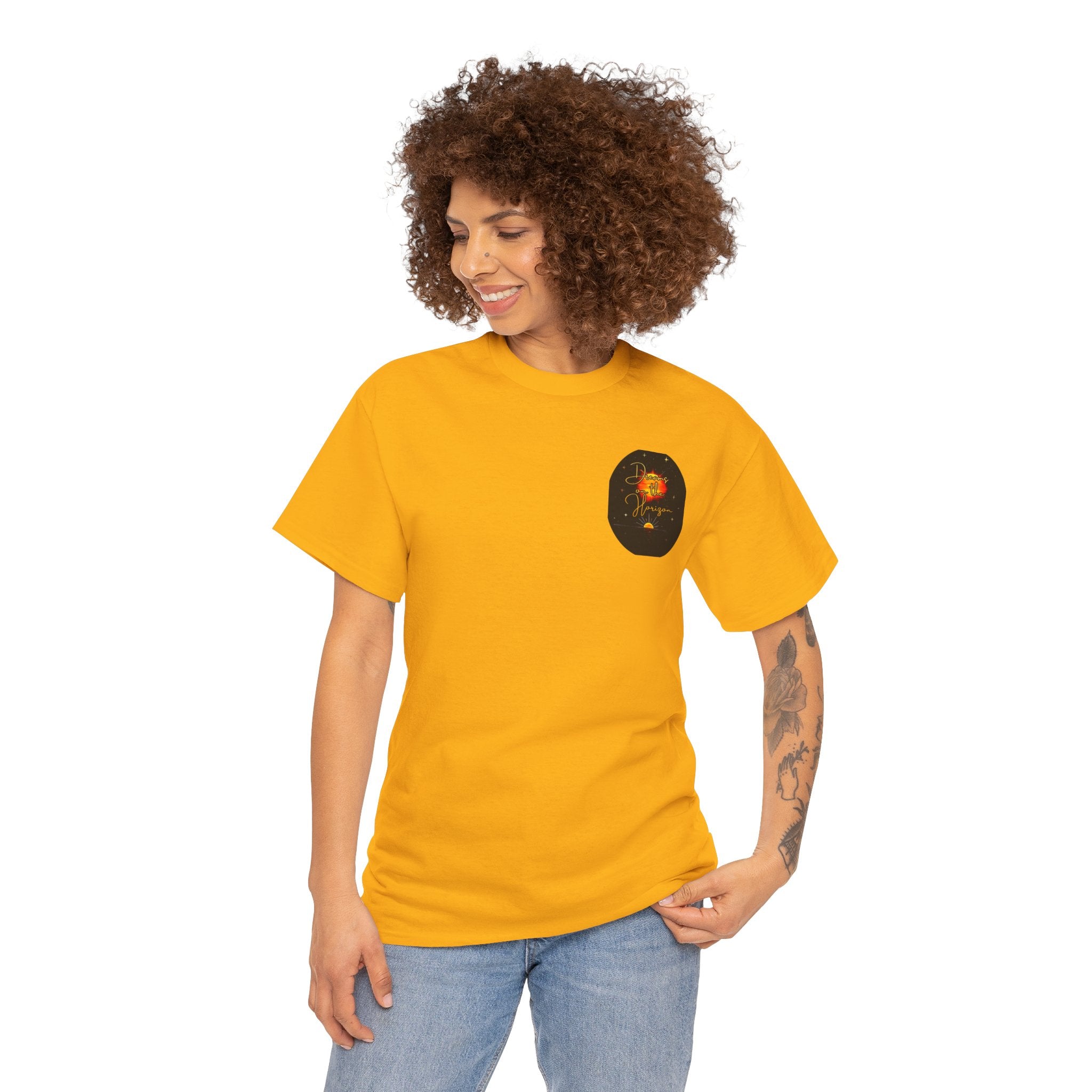 Dreams on the Horizon – Sunrise Back-Print Heavy Cotton Tee, Inspirational and Motivational Apparel, Gift for Dreamers, Creative Expression Wear