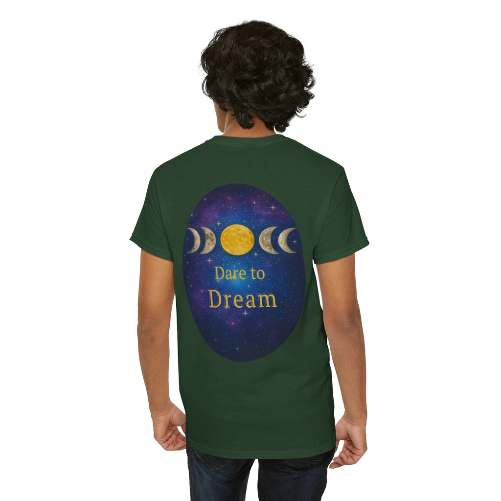 Dare to Dream Moon-Phase Tee – Golden Full Moon Back Print + Front Badge | Gildan 5000 Heavy Cotton, Inspirational and Motivational Apparel, Gift for Dreamers, Creative Expression Wear