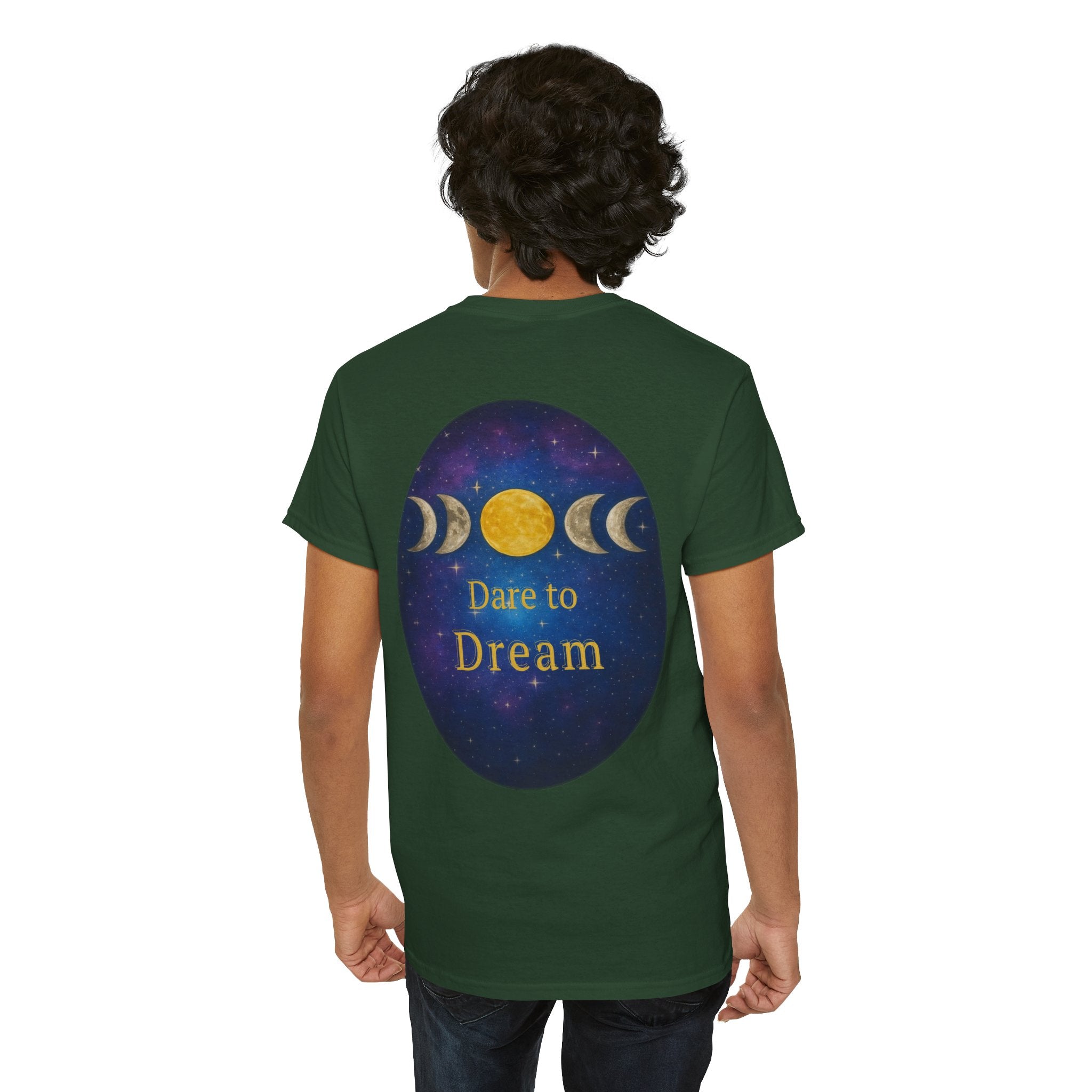 Dare to Dream Moon-Phase Tee – Golden Full Moon Back Print + Front Badge | Gildan 5000 Heavy Cotton, Inspirational and Motivational Apparel, Gift for Dreamers, Creative Expression Wear