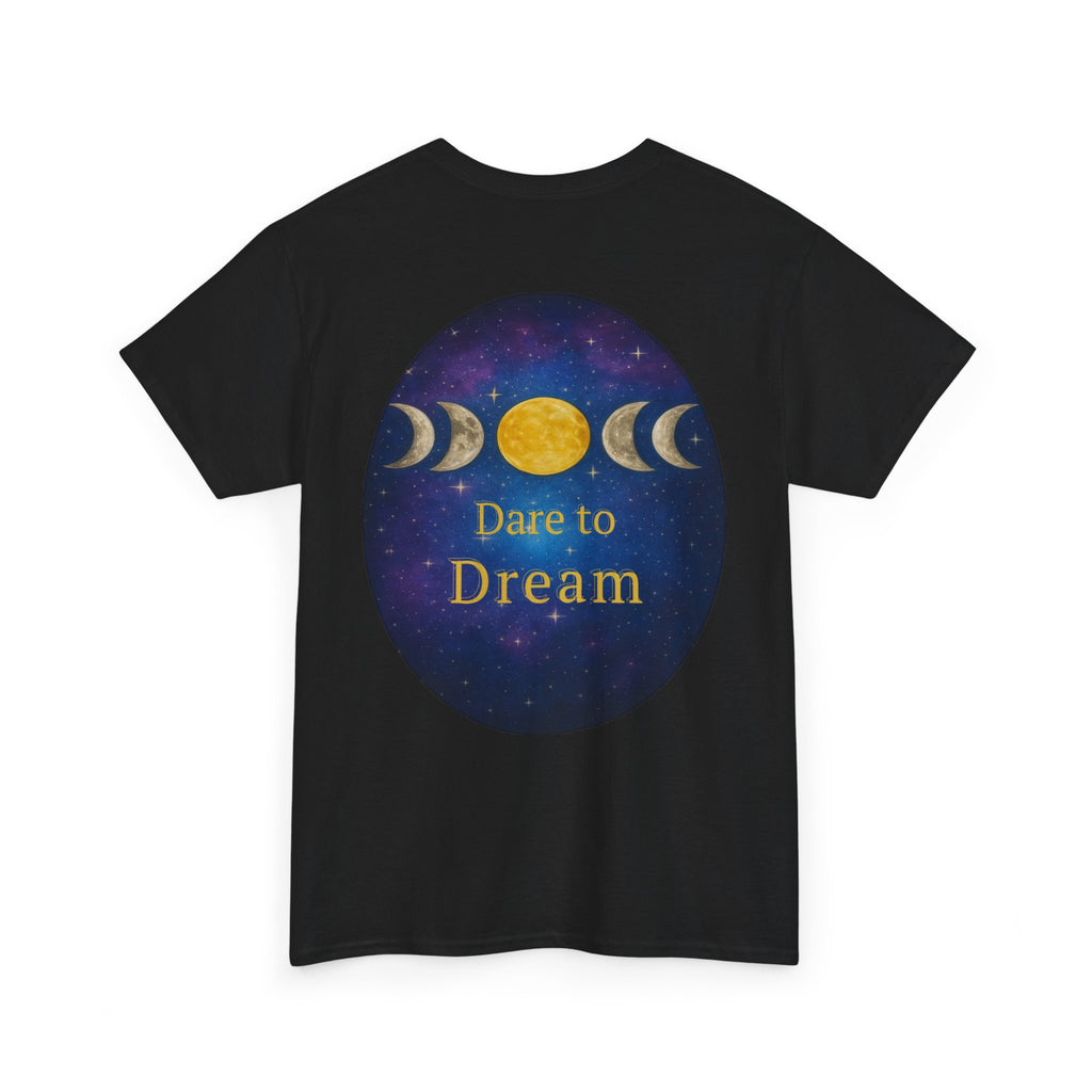 Dare to Dream Moon-Phase Tee – Golden Full Moon Back Print + Front Badge | Gildan 5000 Heavy Cotton, Inspirational and Motivational Apparel, Gift for Dreamers, Creative Expression Wear