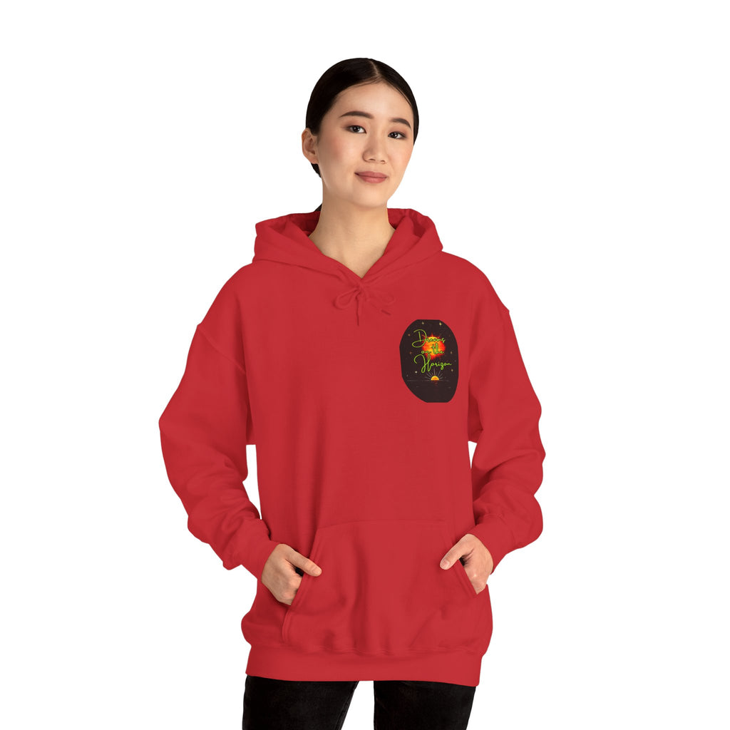 Dreams on the Horizon (Lemongrass) Sunrise Back Print Hooded Sweatshirt, Inspirational and Motivational Apparel, Gift for Dreamers, Creative Expression Wear