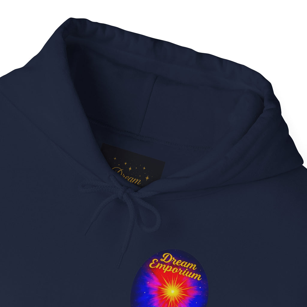 Dream Emporium – Back Printed Radiant Starburst Heavy Blend™ Hooded Sweatshirt, Inspirational and Motivational Apparel, Gift for Dreamers, Creative Expression Wear