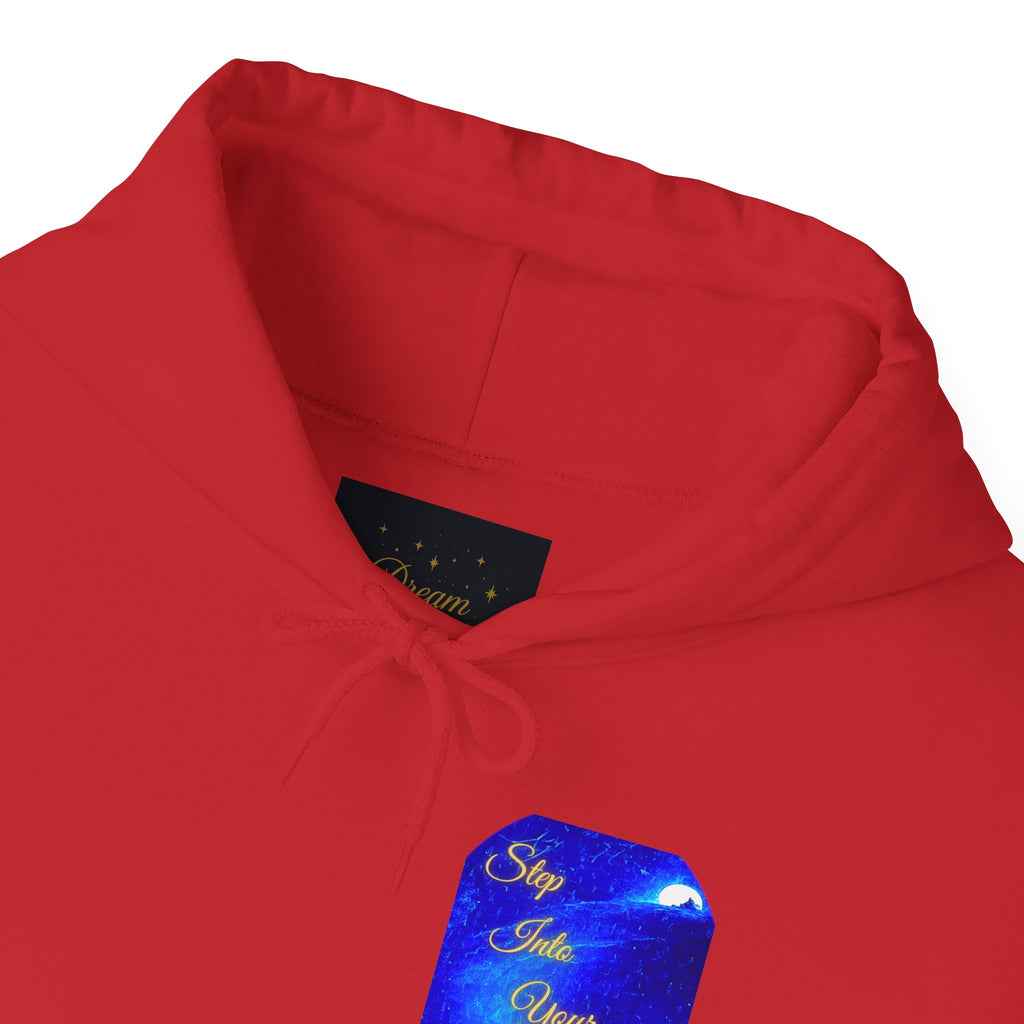 Step Into Your Dreams – Cosmic Gateway Back-print Hoodie | Tiny front badge | Gildan Heavy Blend™. Inspirational and Motivational Apparel, Gift for Dreamers, Creative Expression