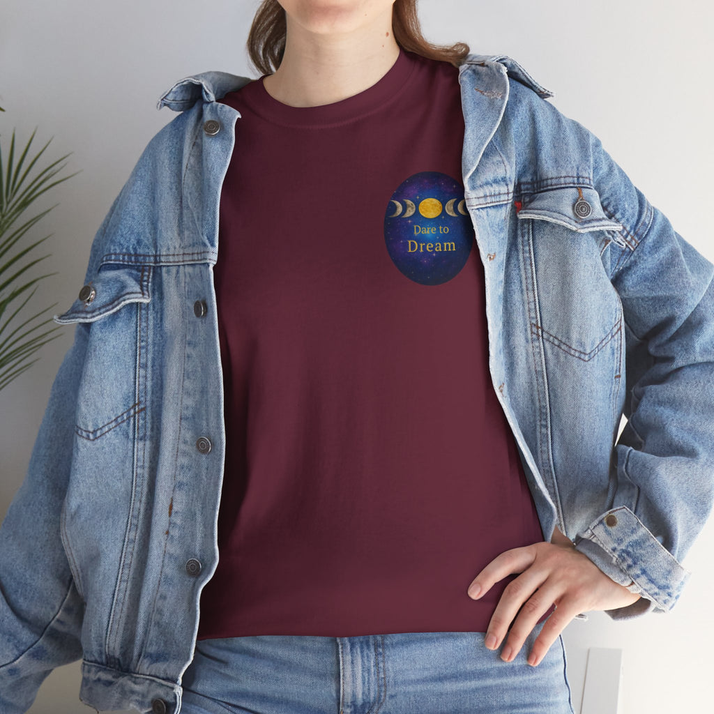 Dare to Dream Moon-Phase Tee – Golden Full Moon Back Print + Front Badge | Gildan 5000 Heavy Cotton, Inspirational and Motivational Apparel, Gift for Dreamers, Creative Expression Wear