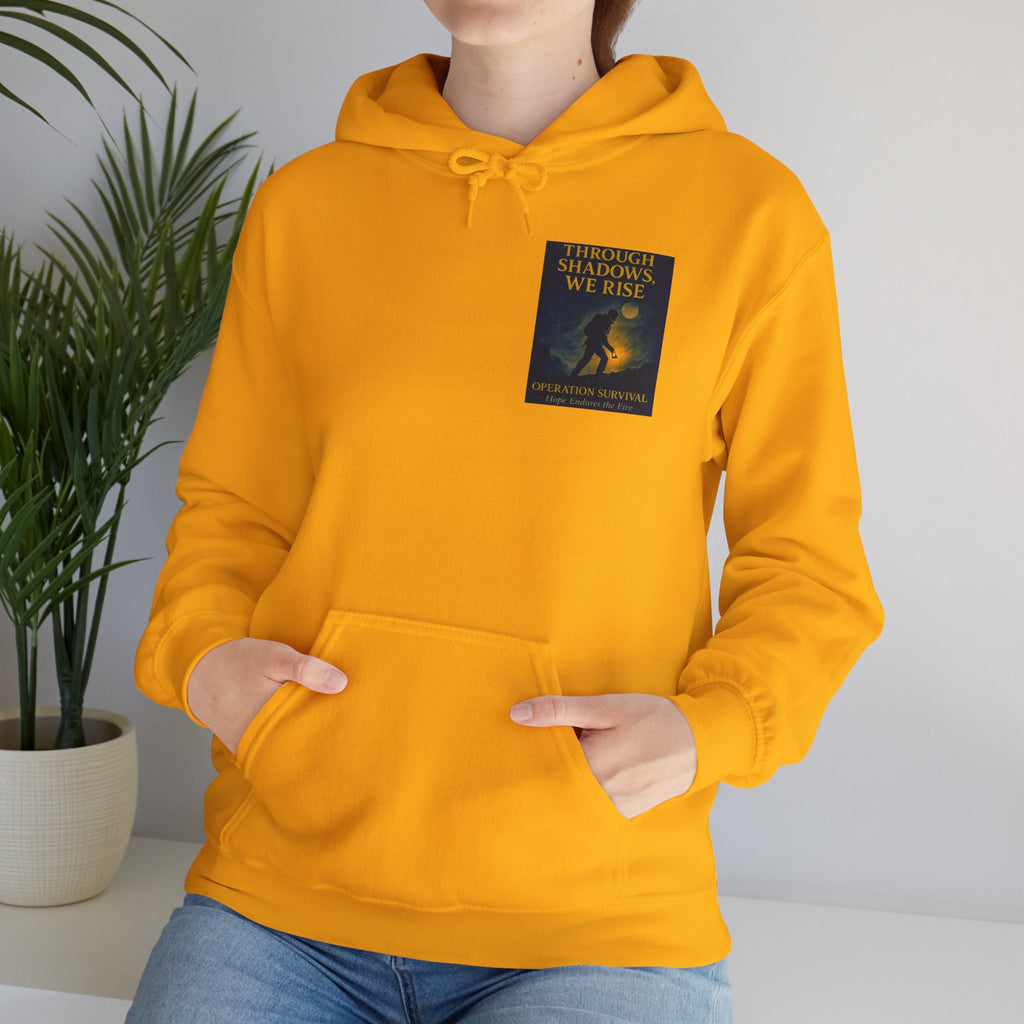 Through Shadows, We Rise – Back-print Cinematic Artwork Operation Survival Hoodie  | Gildan Heavy Blend™ 18500 — Inspirational and Motivational Apparel, Gift for Dreamers, Creative Expression Wear