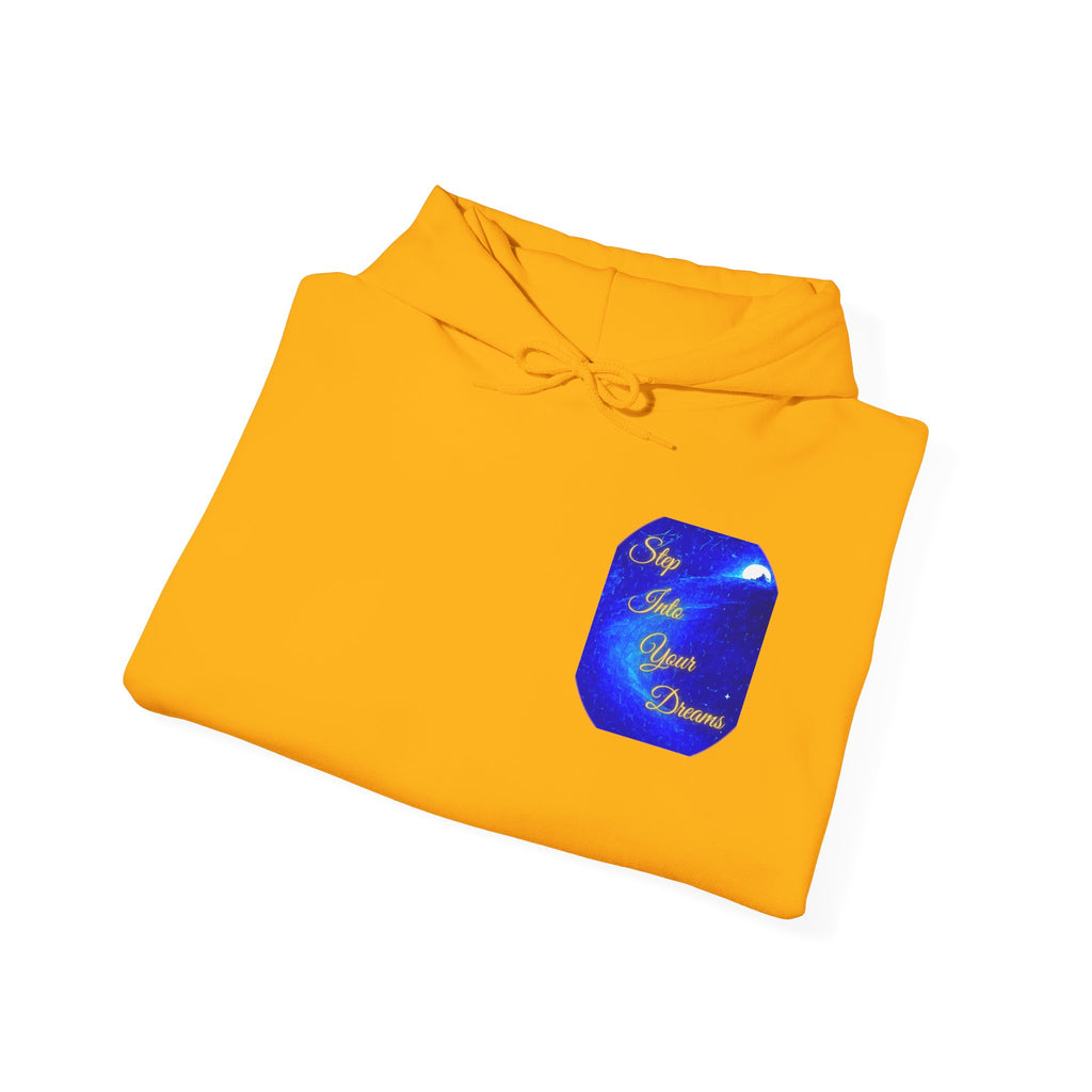 Step Into Your Dreams – Cosmic Gateway Back-print Hoodie | Tiny front badge | Gildan Heavy Blend™. Inspirational and Motivational Apparel, Gift for Dreamers, Creative Expression