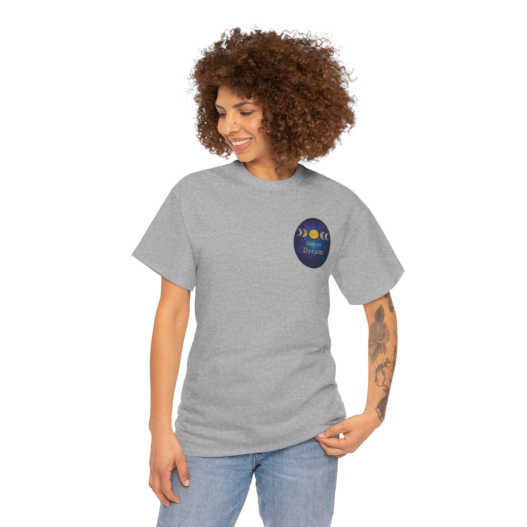 Dare to Dream Moon-Phase Tee – Golden Full Moon Back Print + Front Badge | Gildan 5000 Heavy Cotton, Inspirational and Motivational Apparel, Gift for Dreamers, Creative Expression Wear