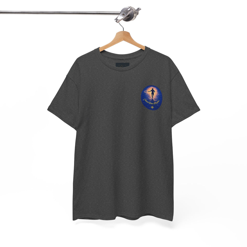 Chase Your Dreams – Sunrise Silhouette Back Printed Heavy Cotton Tee, Inspirational and Motivational Apparel, Gift for Dreamers, Creative Expression Wear