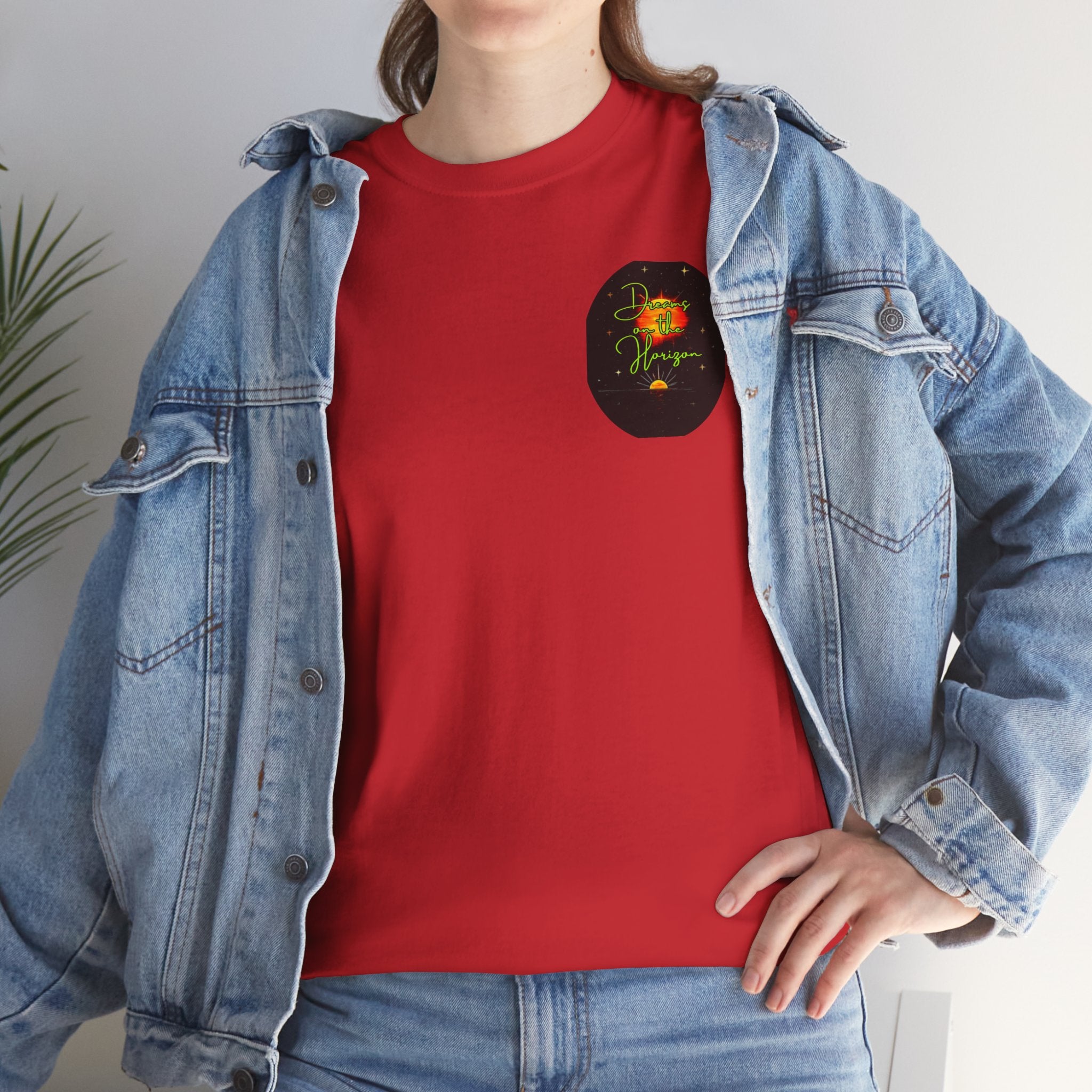 Dreams on the Horizon (Lemongrass) – Sunrise Back-Print Heavy Cotton Tee, Inspirational and Motivational Apparel, Gift for Dreamers, Creative Expression Wear