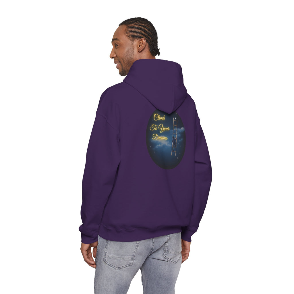 Climb To Your Dreams – Starry Night Ladder-to-Moon Back-Print Hoodie + Front Badge | Gildan 18500, Inspirational and Motivational Apparel, Gift for Dreamers, Creative Expression Wear