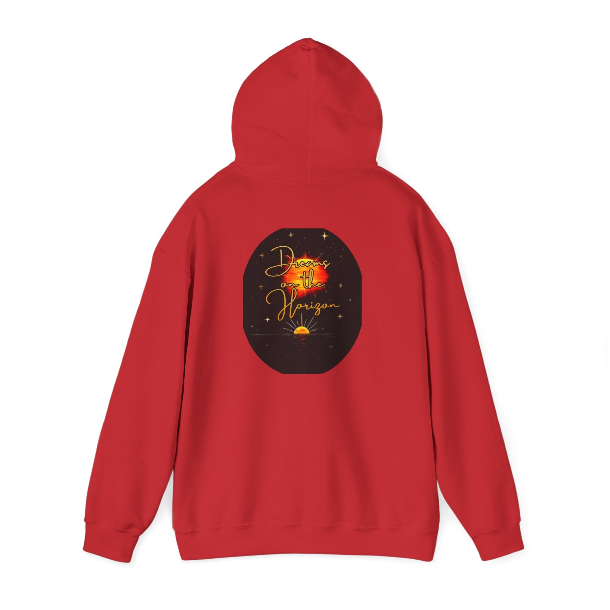 Dreams on the Horizon Sunrise Back Print Hooded Sweatshirt, Inspirational and Motivational Apparel, Gift for Dreamers, Creative Expression Wear