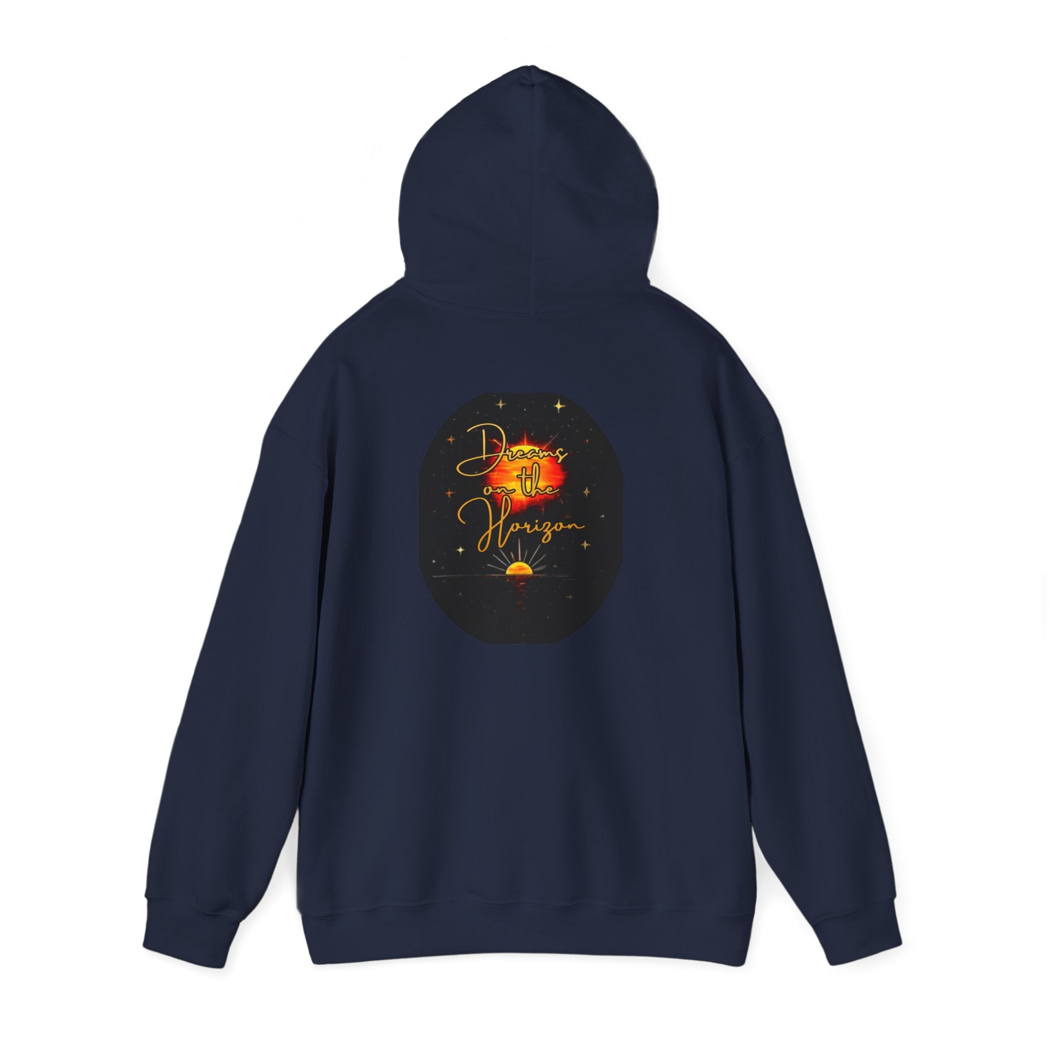Dreams on the Horizon Sunrise Back Print Hooded Sweatshirt, Inspirational and Motivational Apparel, Gift for Dreamers, Creative Expression Wear