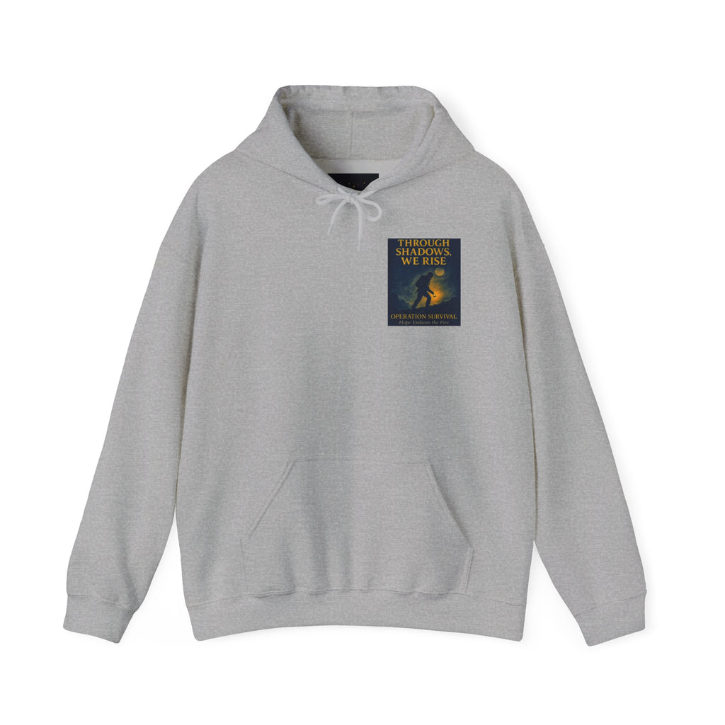 Through Shadows, We Rise – Back-print Cinematic Artwork Operation Survival Hoodie  | Gildan Heavy Blend™ 18500 — Inspirational and Motivational Apparel, Gift for Dreamers, Creative Expression Wear