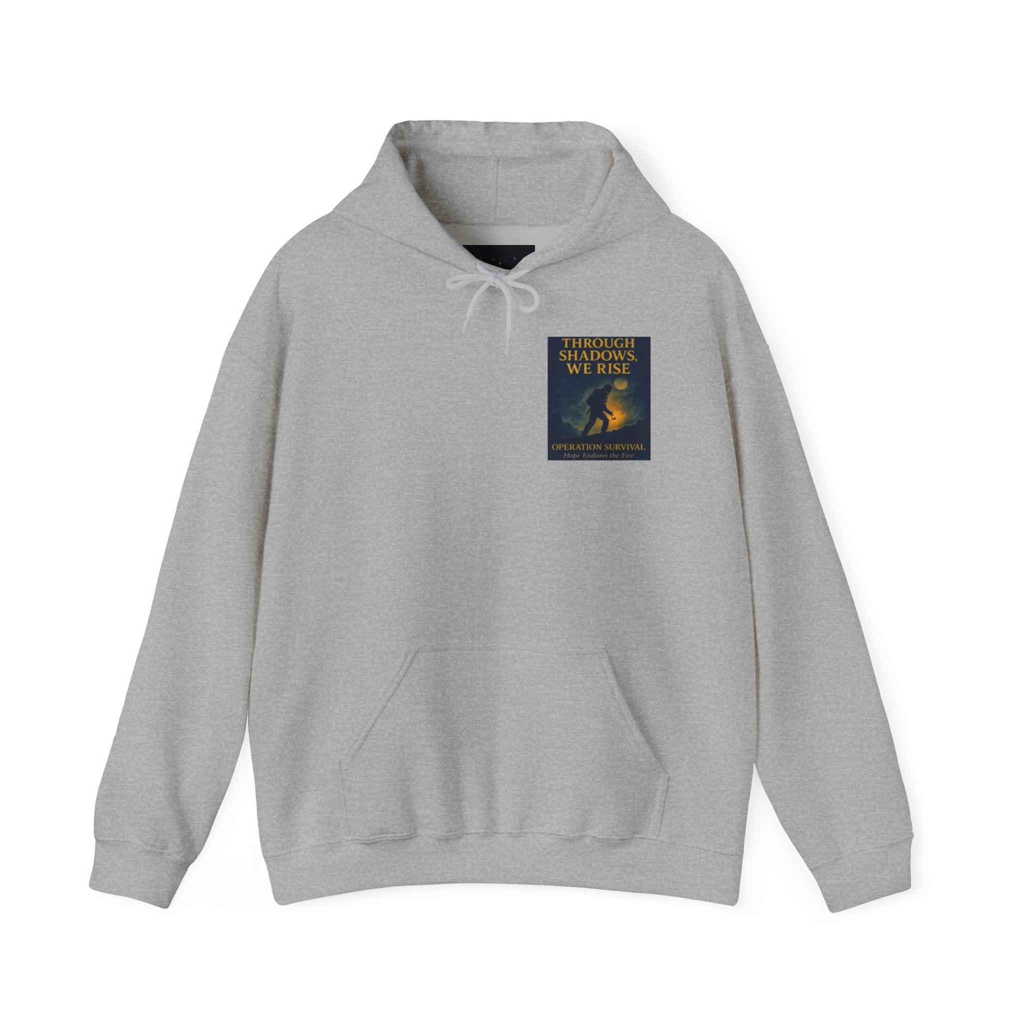 Through Shadows, We Rise – Back-print Cinematic Artwork Operation Survival Hoodie  | Gildan Heavy Blend™ 18500 — Inspirational and Motivational Apparel, Gift for Dreamers, Creative Expression Wear