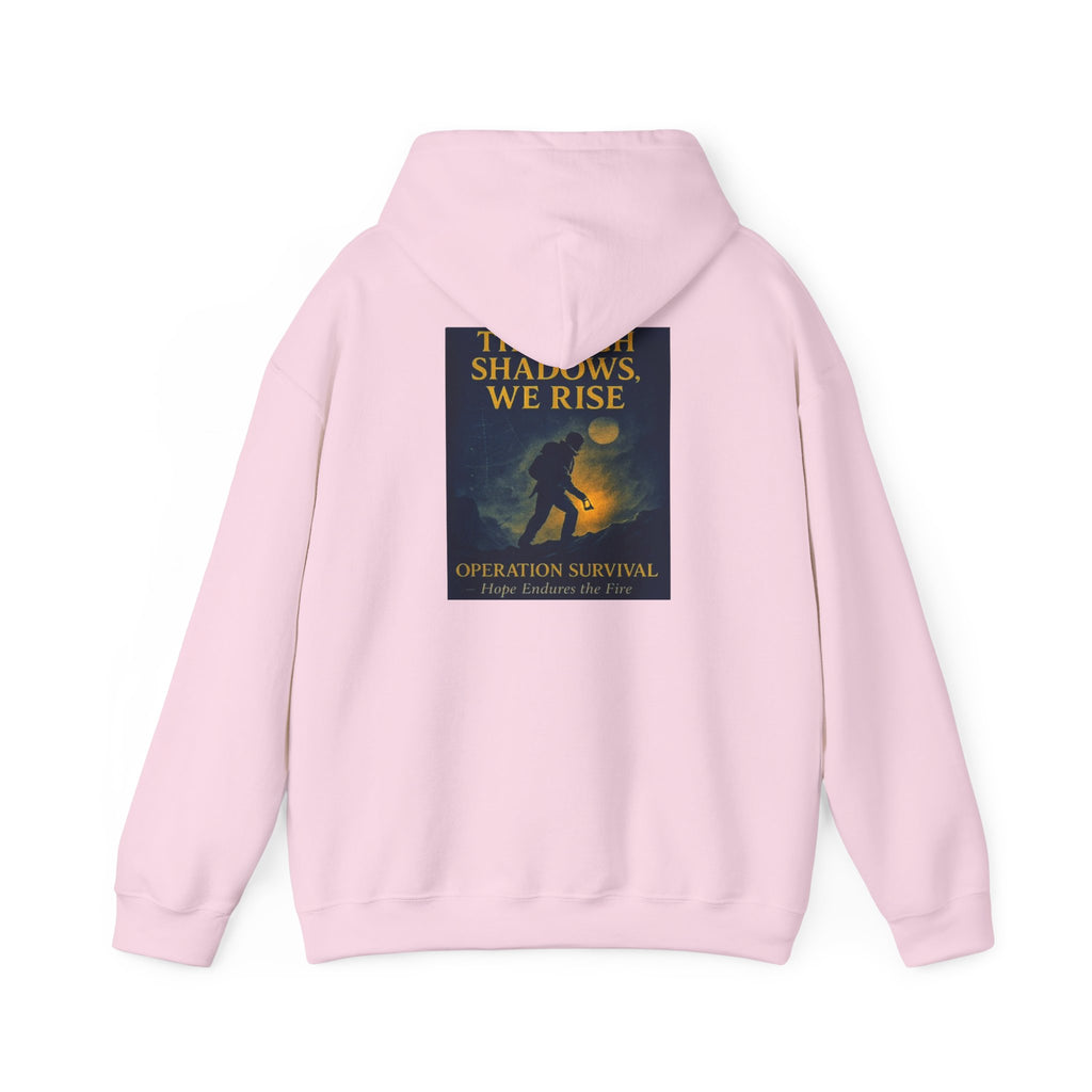 Through Shadows, We Rise – Back-print Cinematic Artwork Operation Survival Hoodie  | Gildan Heavy Blend™ 18500 — Inspirational and Motivational Apparel, Gift for Dreamers, Creative Expression Wear