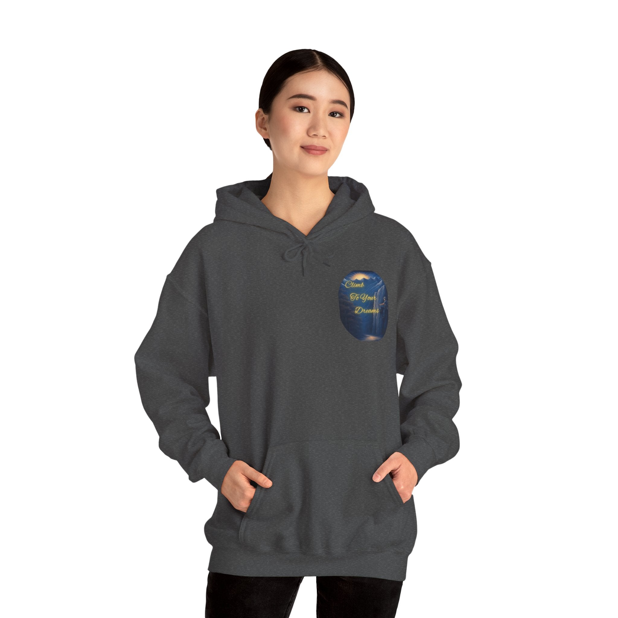 Climb To Your Dreams - Mountain Sunrise Hoodie | Back Glow Print + Front Badge | Heavy Blend™, Inspirational and Motivational Apparel, Gift for Dreamers, Creative Expression Wear