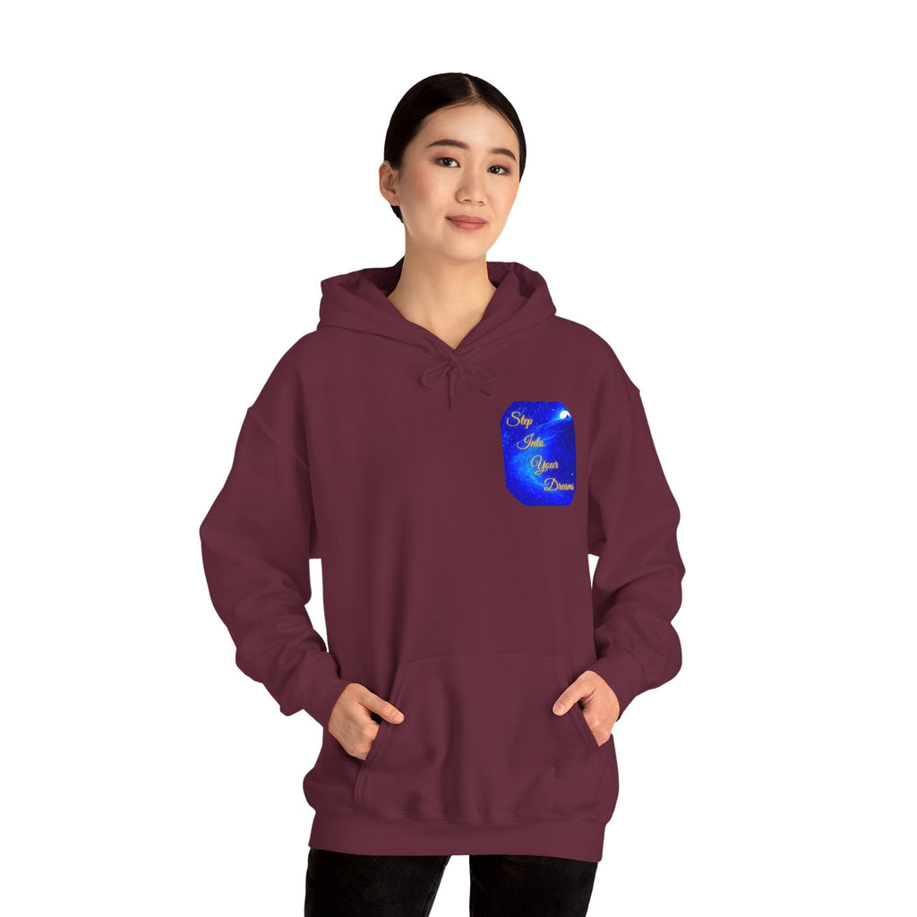 Step Into Your Dreams – Cosmic Gateway Back-print Hoodie | Tiny front badge | Gildan Heavy Blend™. Inspirational and Motivational Apparel, Gift for Dreamers, Creative Expression