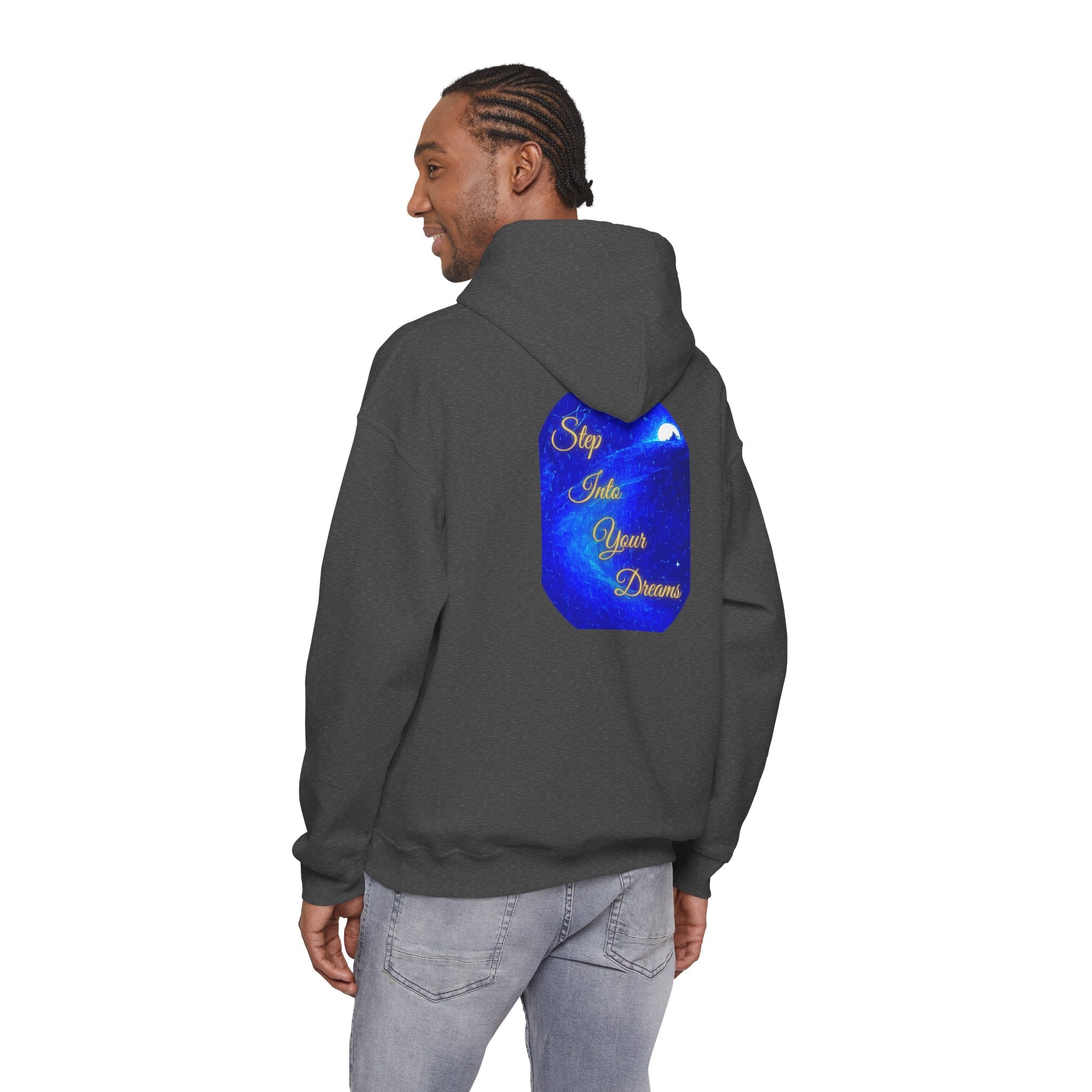 Step Into Your Dreams – Cosmic Gateway Back-print Hoodie | Tiny front badge | Gildan Heavy Blend™. Inspirational and Motivational Apparel, Gift for Dreamers, Creative Expression