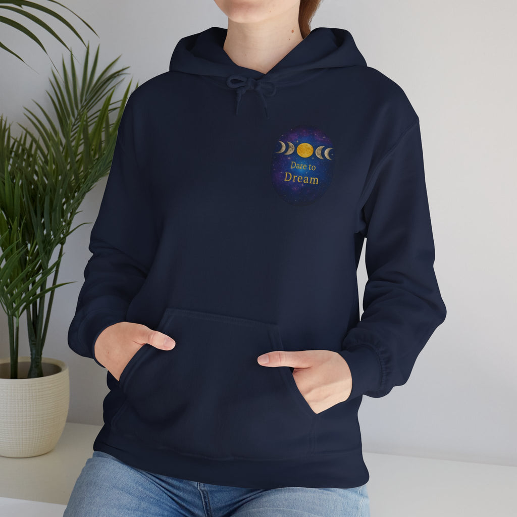 Dare to Dream Moon-Phase Hoodie | Back Glow Print + Front Badge | Heavy Blend™, Inspirational and Motivational Apparel, Gift for Dreamers, Creative Expression Wear