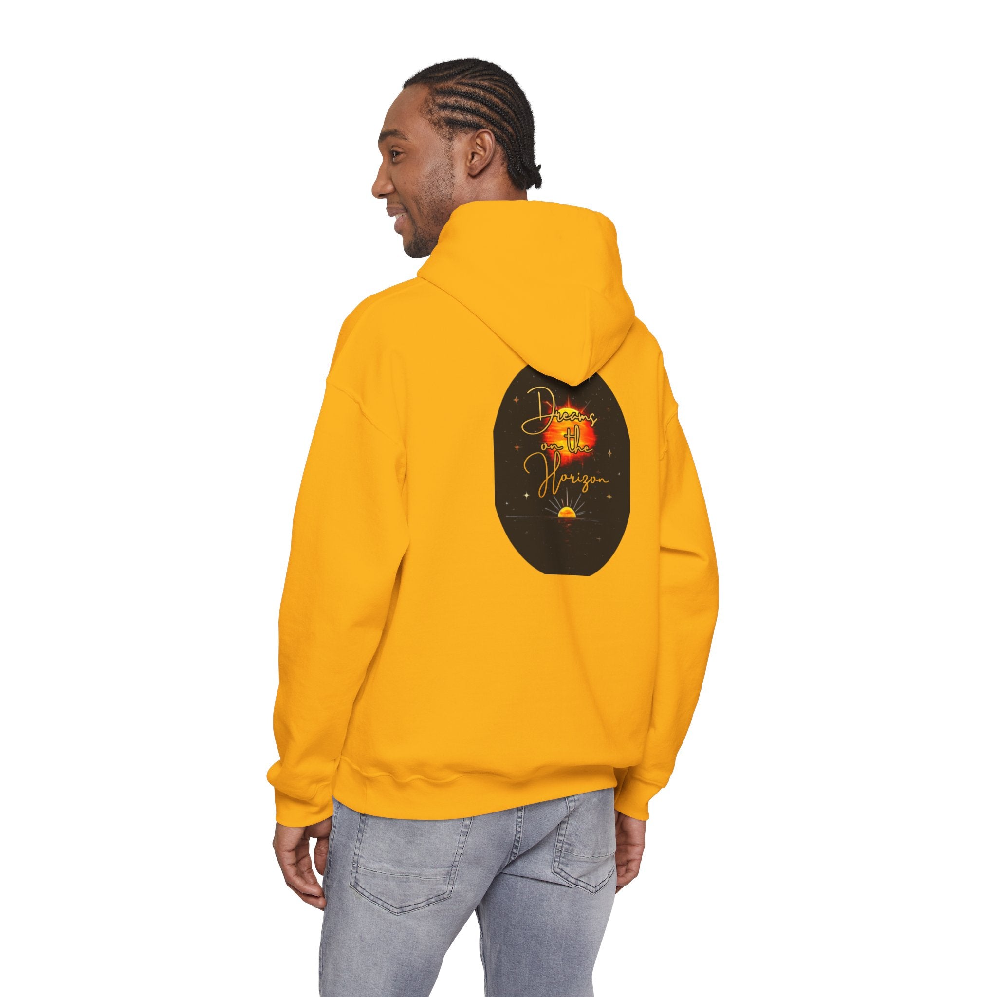 Dreams on the Horizon Sunrise Back Print Hooded Sweatshirt, Inspirational and Motivational Apparel, Gift for Dreamers, Creative Expression Wear