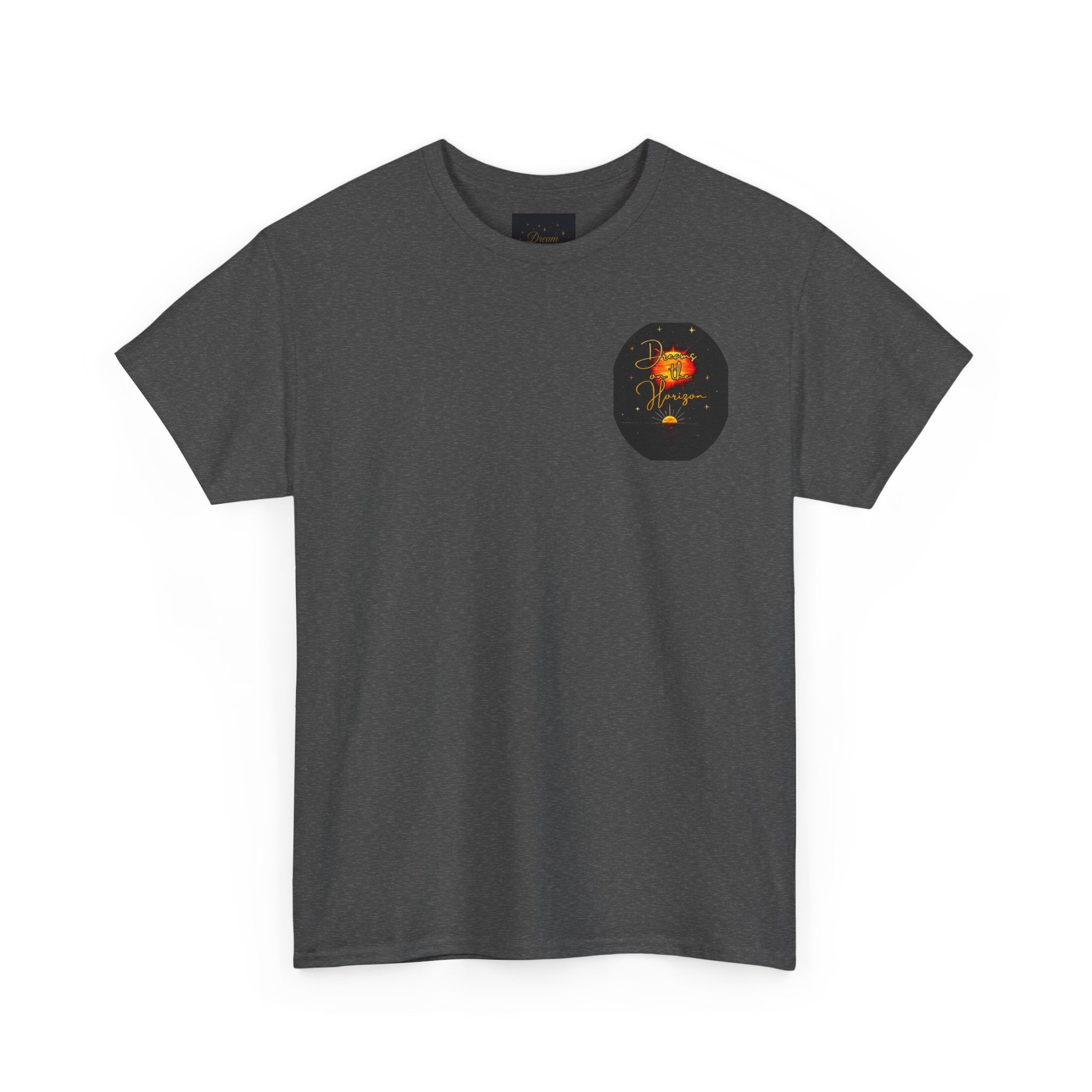 Dreams on the Horizon – Sunrise Back-Print Heavy Cotton Tee, Inspirational and Motivational Apparel, Gift for Dreamers, Creative Expression Wear