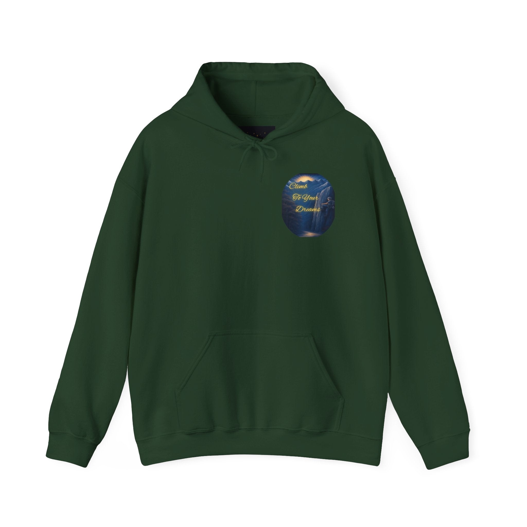 Climb To Your Dreams - Mountain Sunrise Hoodie | Back Glow Print + Front Badge | Heavy Blend™, Inspirational and Motivational Apparel, Gift for Dreamers, Creative Expression Wear