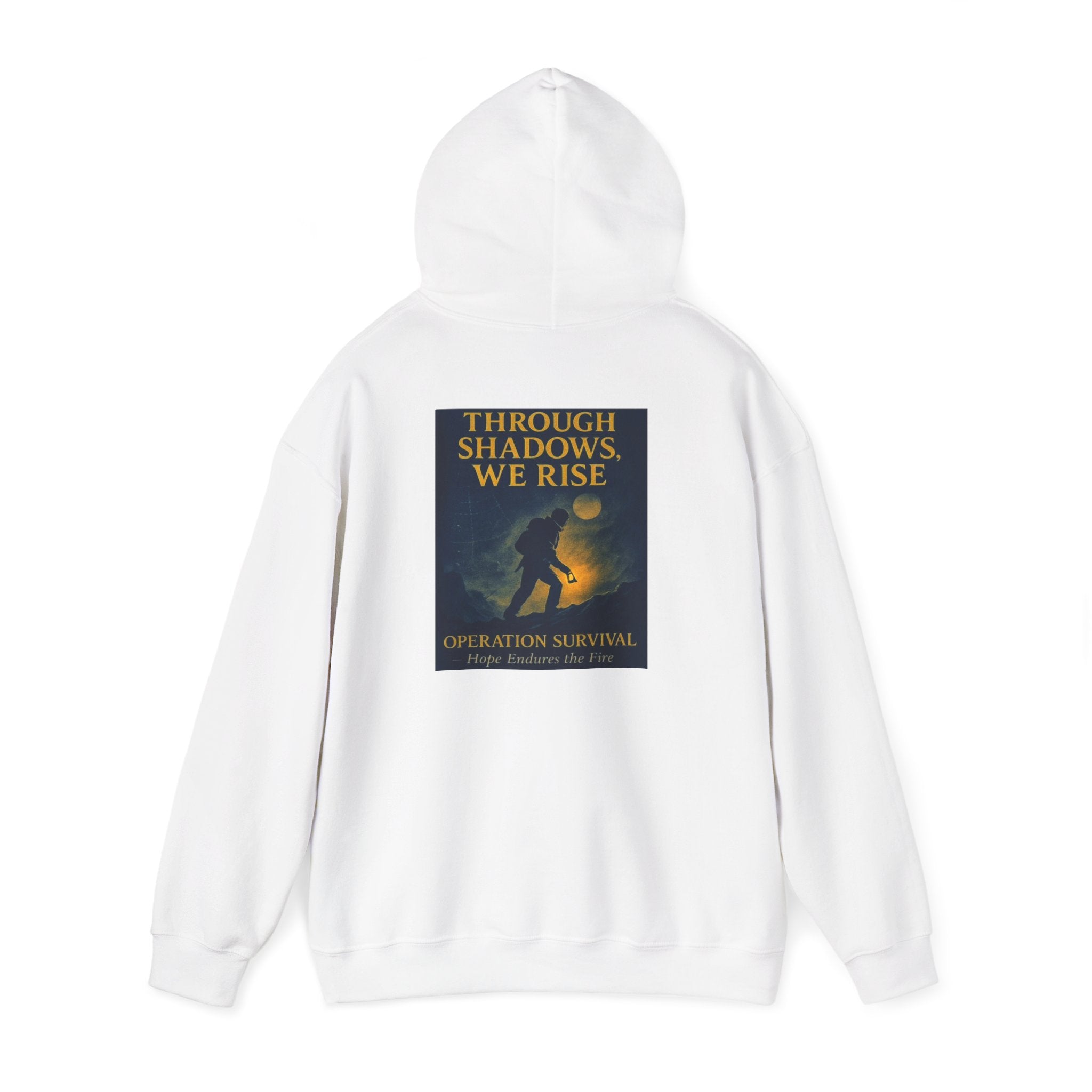 Through Shadows, We Rise – Back-print Cinematic Artwork Operation Survival Hoodie  | Gildan Heavy Blend™ 18500 — Inspirational and Motivational Apparel, Gift for Dreamers, Creative Expression Wear