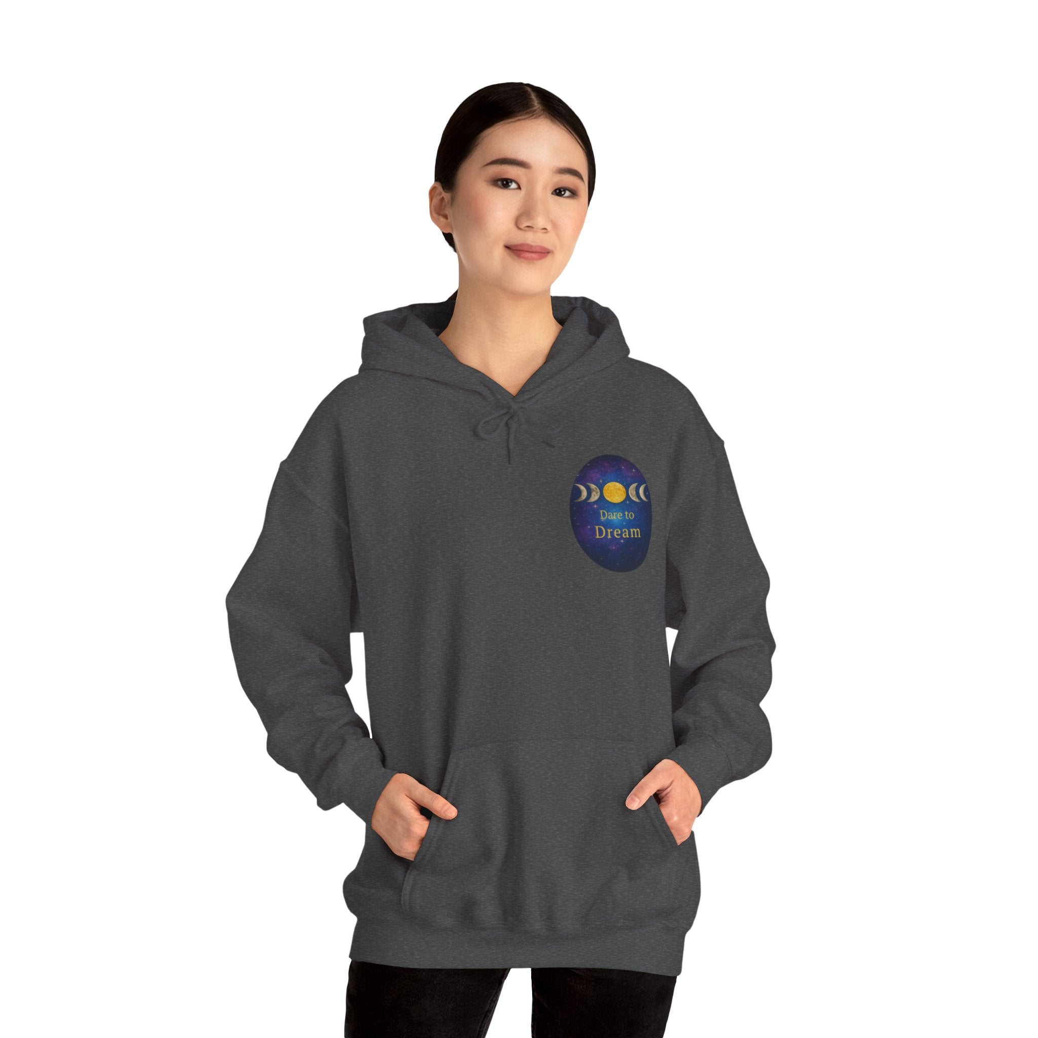Dare to Dream Moon-Phase Hoodie | Back Glow Print + Front Badge | Heavy Blend™, Inspirational and Motivational Apparel, Gift for Dreamers, Creative Expression Wear