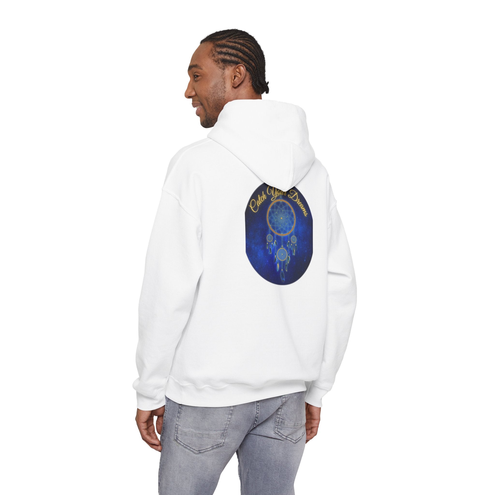 Catch Your Dream – Dreamcatcher Back Print Hooded Sweatshirt, Inspirational and Motivational Apparel, Gift for Dreamers, Creative Expression Wear