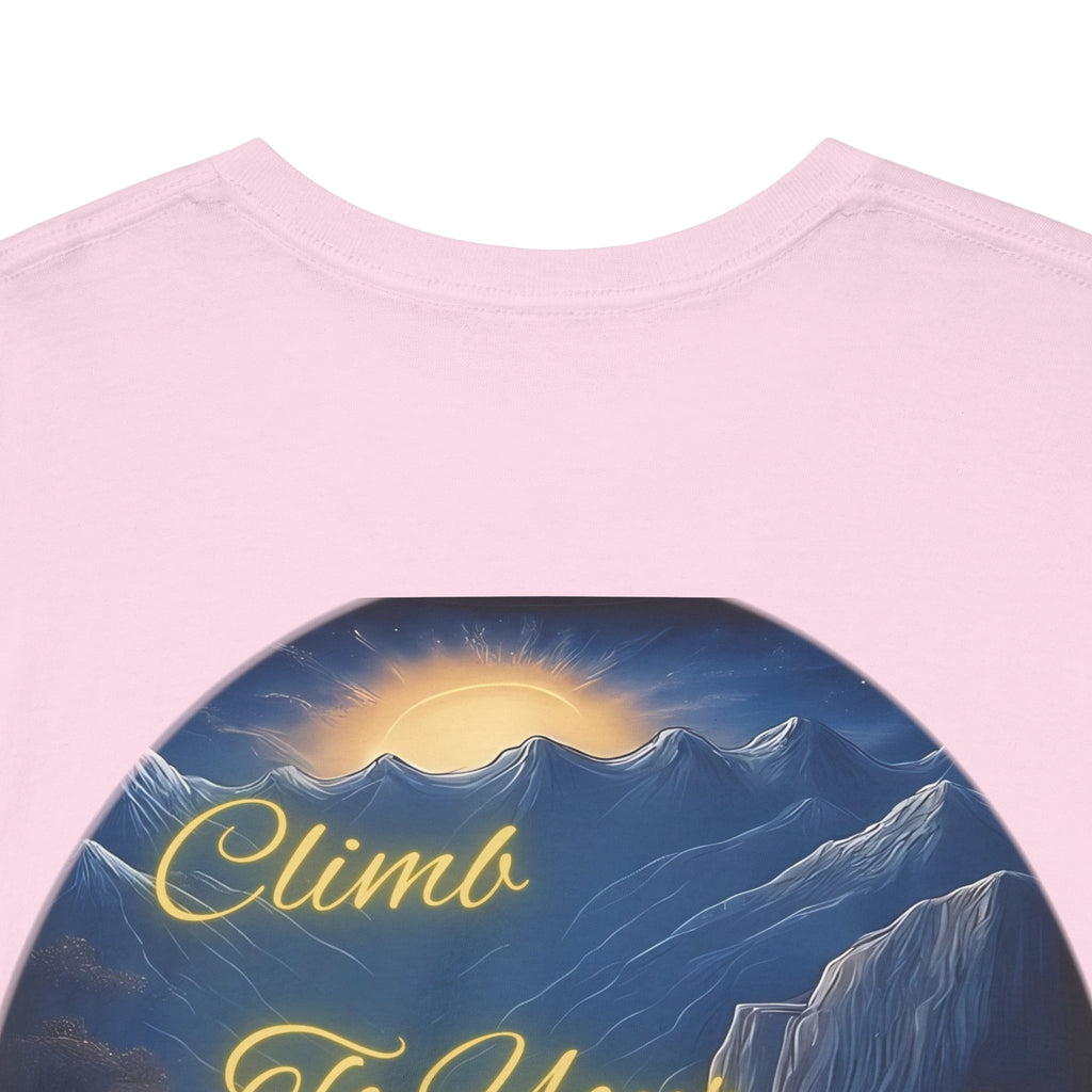 Climb To Your Dreams – Rock Climber Back-Print Tee + Front Badge | Gildan 5000, Inspirational and Motivational Apparel, Gift for Dreamers, Creative Expression Wear