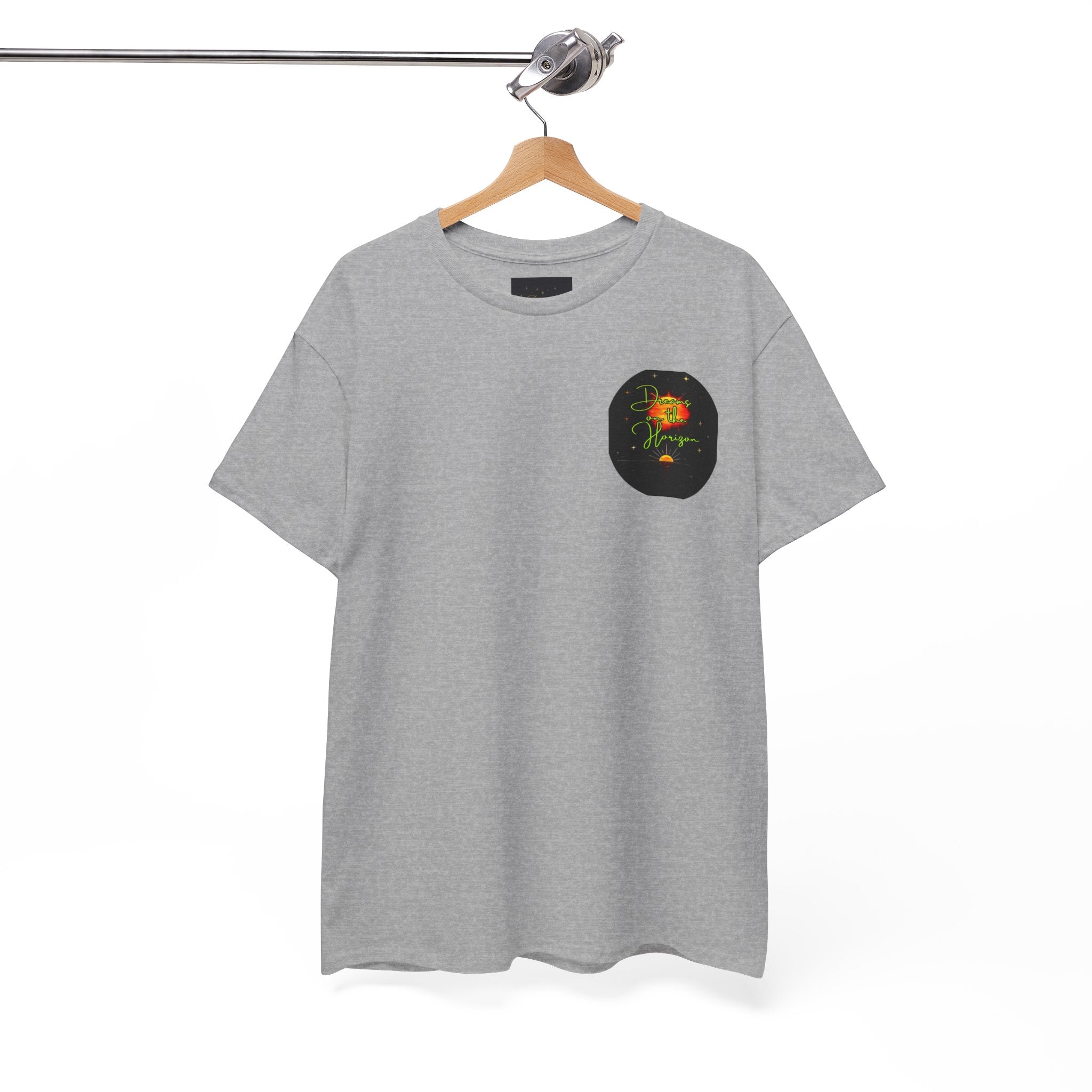 Dreams on the Horizon (Lemongrass) – Sunrise Back-Print Heavy Cotton Tee, Inspirational and Motivational Apparel, Gift for Dreamers, Creative Expression Wear