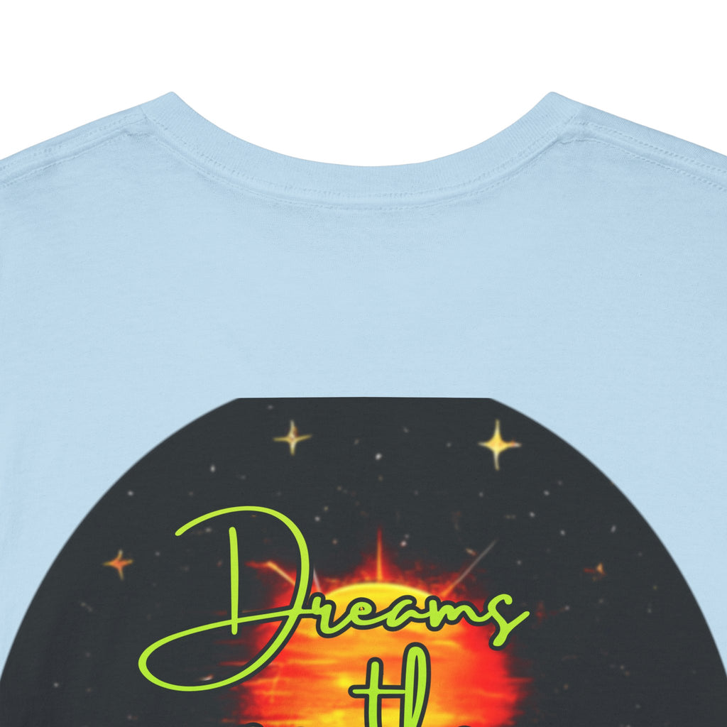 Dreams on the Horizon (Lemongrass) – Sunrise Back-Print Heavy Cotton Tee, Inspirational and Motivational Apparel, Gift for Dreamers, Creative Expression Wear
