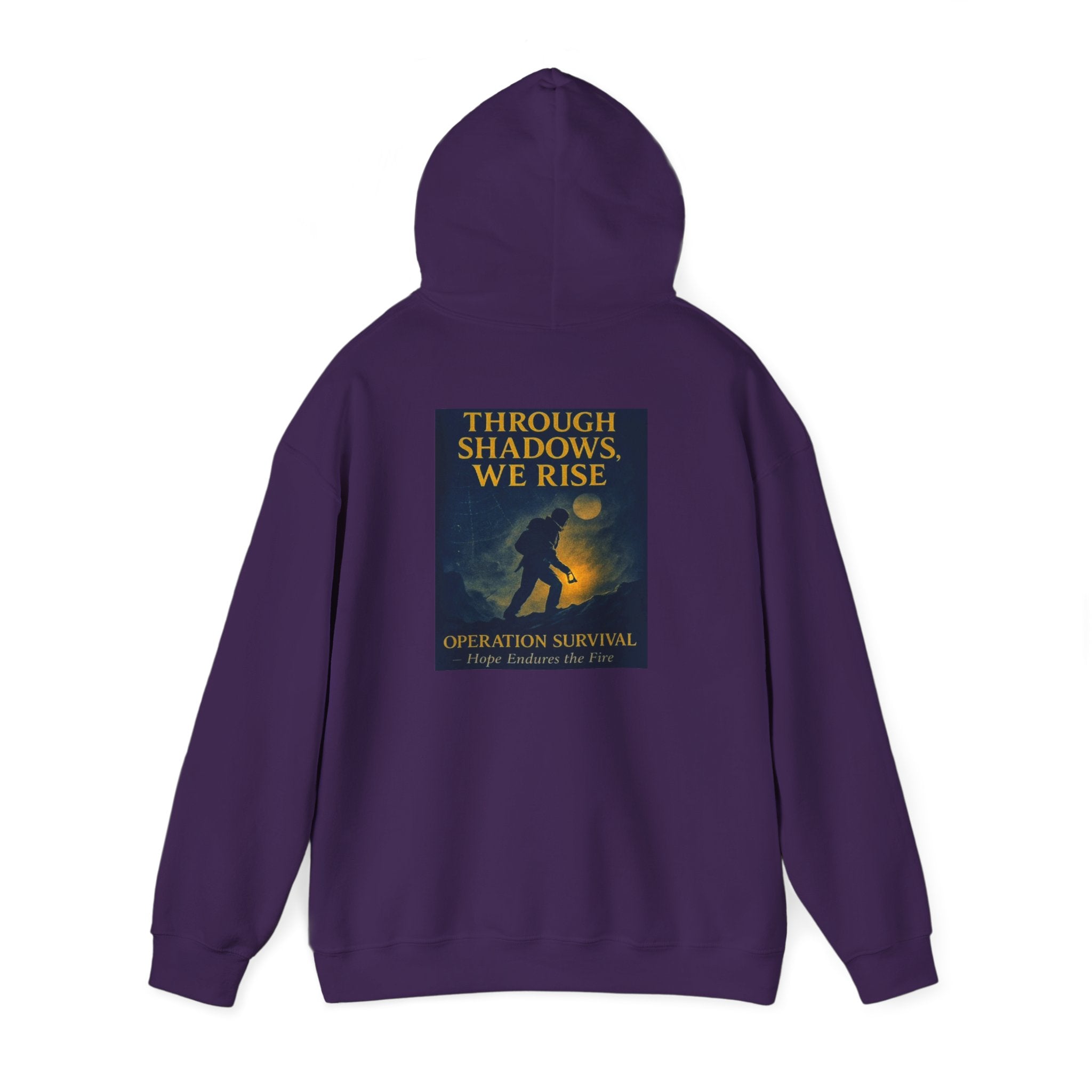 Through Shadows, We Rise – Back-print Cinematic Artwork Operation Survival Hoodie  | Gildan Heavy Blend™ 18500 — Inspirational and Motivational Apparel, Gift for Dreamers, Creative Expression Wear