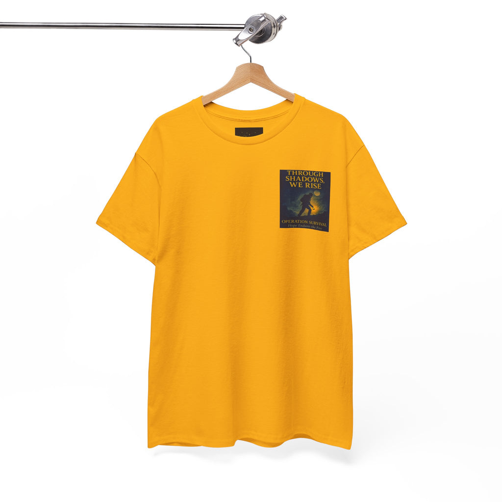 Through Shadows, We Rise - Back-print Cinematic Artwork Operation Survival Tee. Inspirational and Motivational Apparel, Gift for Dreamers, Creative Expression Wear