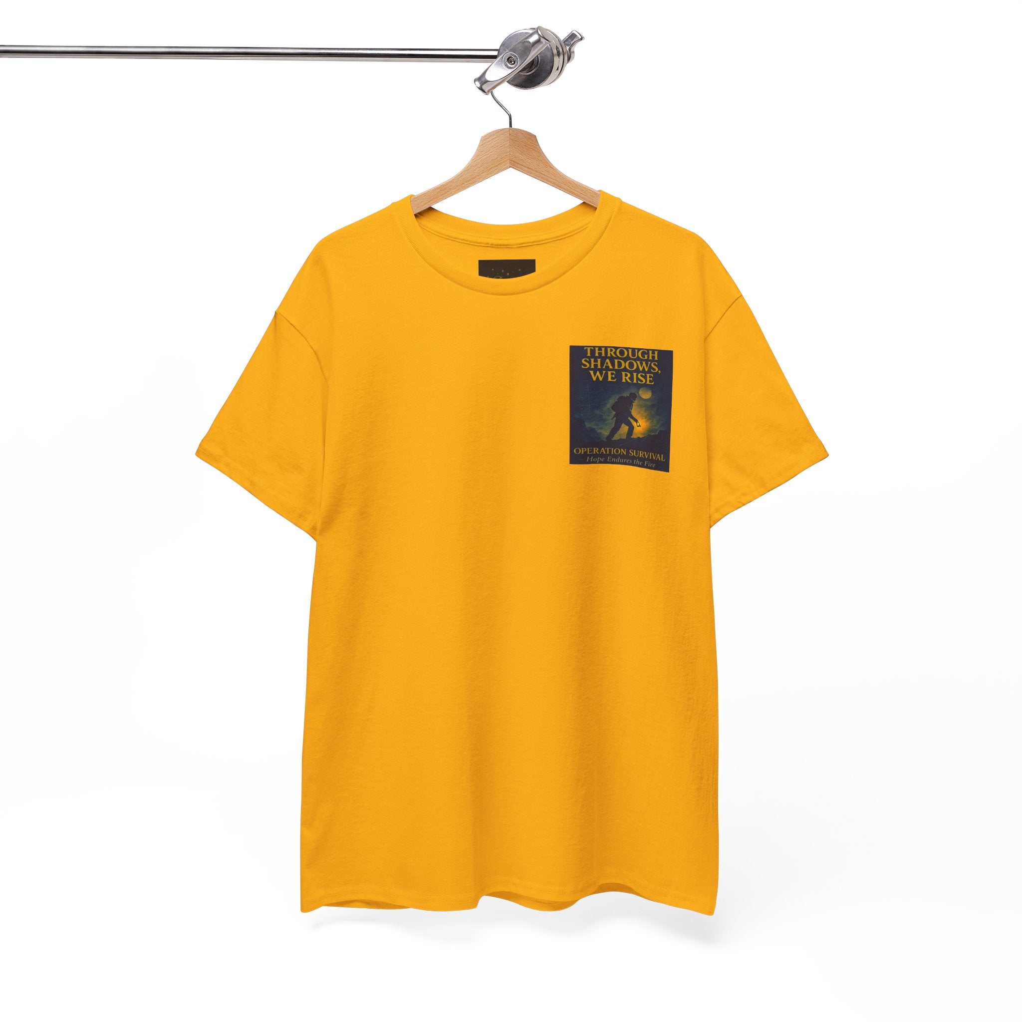 Through Shadows, We Rise - Back-print Cinematic Artwork Operation Survival Tee. Inspirational and Motivational Apparel, Gift for Dreamers, Creative Expression Wear