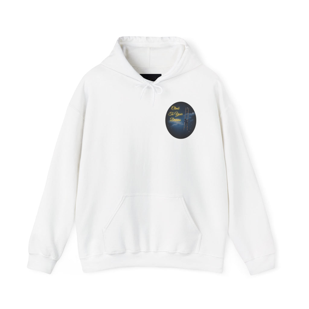 Climb To Your Dreams – Starry Night Ladder-to-Moon Back-Print Hoodie + Front Badge | Gildan 18500, Inspirational and Motivational Apparel, Gift for Dreamers, Creative Expression Wear