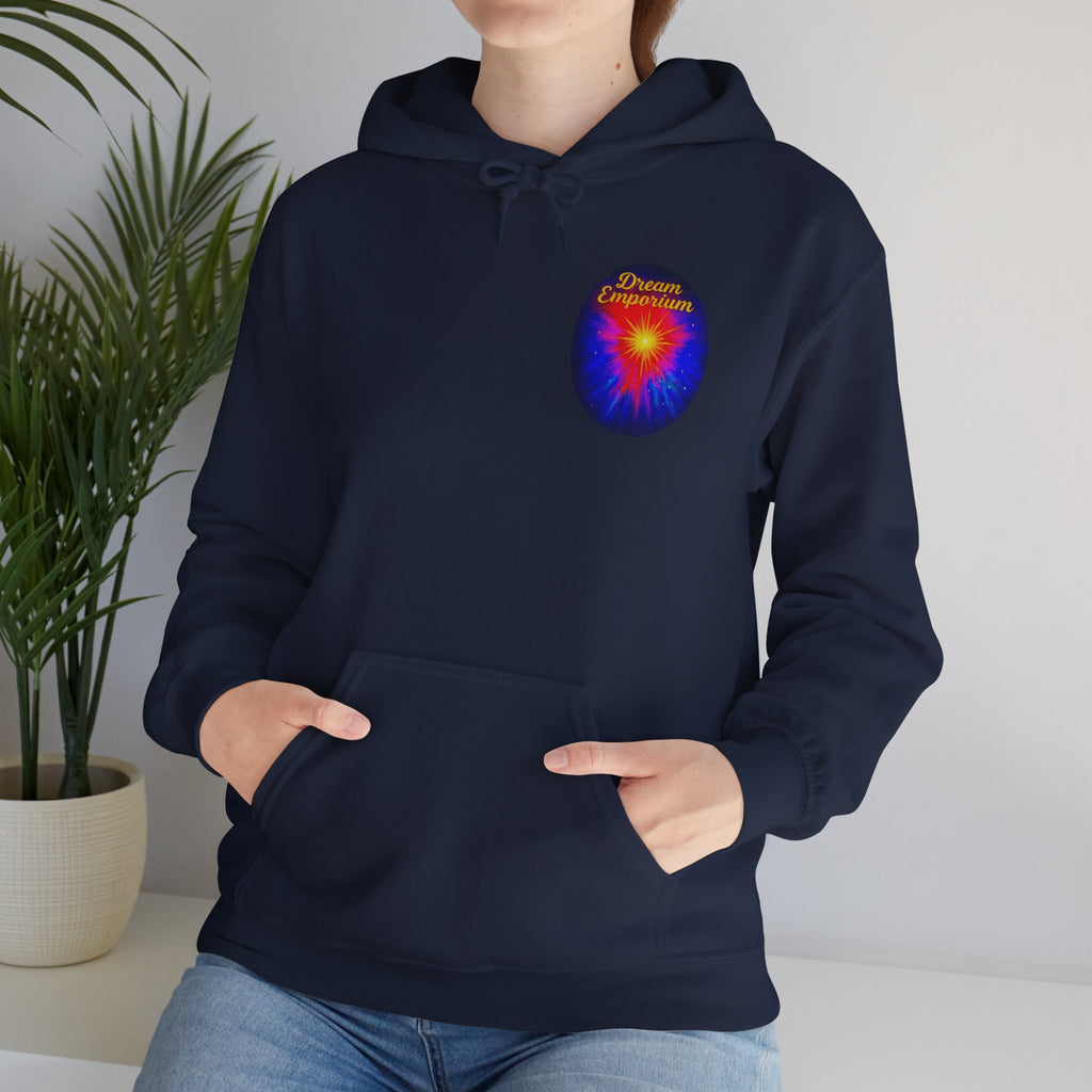 Dream Emporium – Back Printed Radiant Starburst Heavy Blend™ Hooded Sweatshirt, Inspirational and Motivational Apparel, Gift for Dreamers, Creative Expression Wear