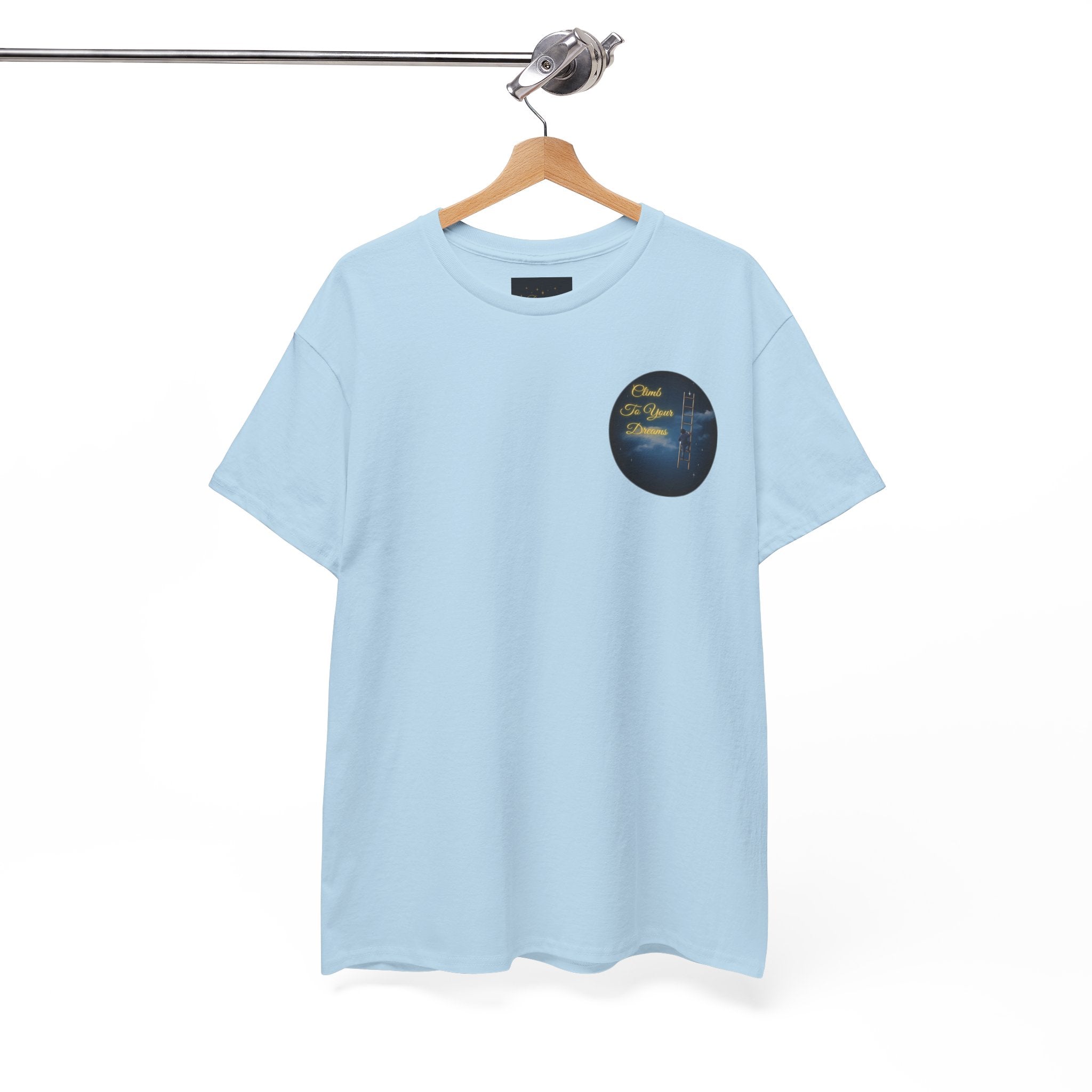 Climb To Your Dreams – Starry Night Ladder Back-Print Tee + Front Badge | Gildan 5000, Inspirational and Motivational Apparel, Gift for Dreamers, Creative Expression Wear