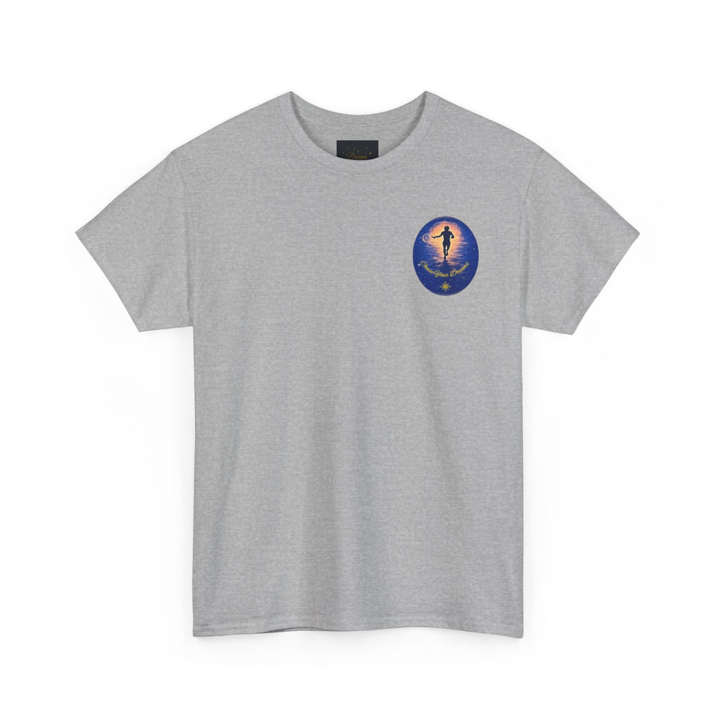 Chase Your Dreams – Sunrise Silhouette Back Printed Heavy Cotton Tee, Inspirational and Motivational Apparel, Gift for Dreamers, Creative Expression Wear