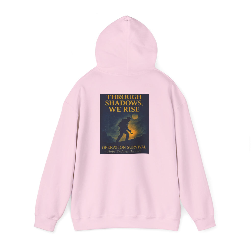 Through Shadows, We Rise – Back-print Cinematic Artwork Operation Survival Hoodie  | Gildan Heavy Blend™ 18500 — Inspirational and Motivational Apparel, Gift for Dreamers, Creative Expression Wear