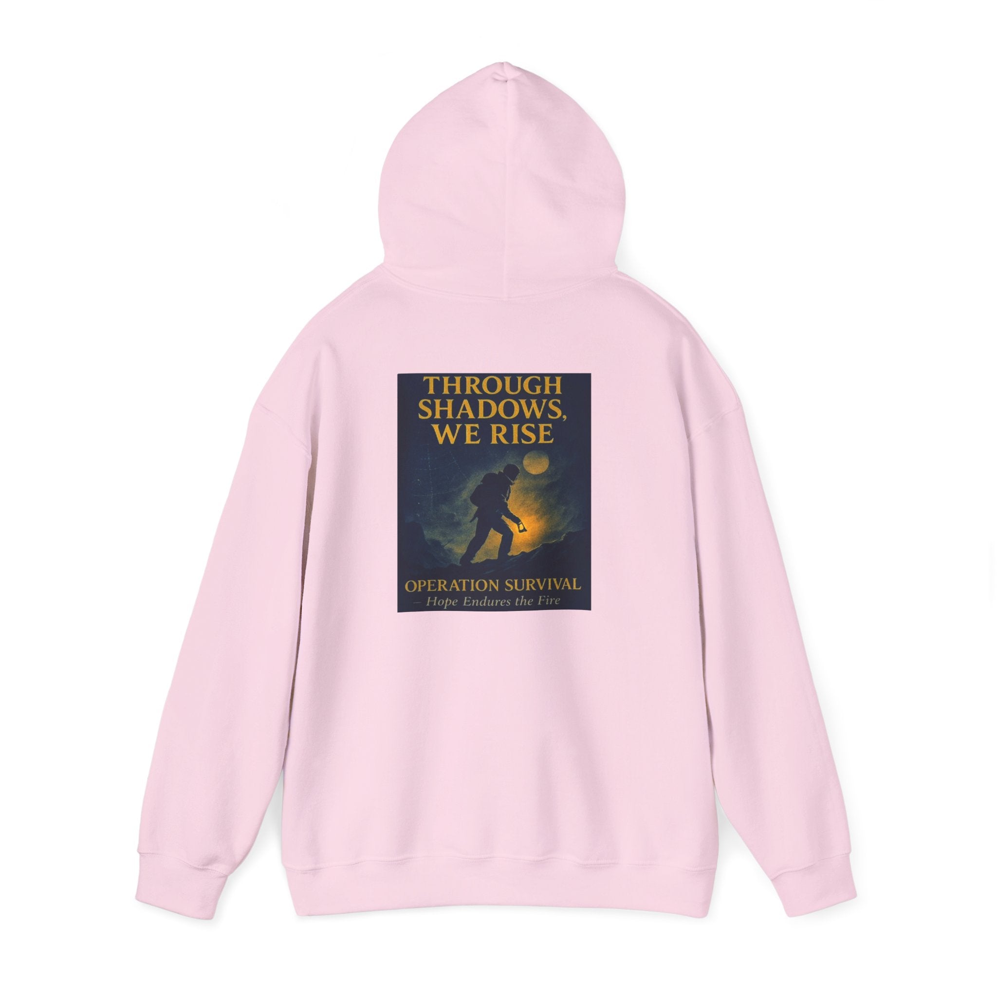 Through Shadows, We Rise – Back-print Cinematic Artwork Operation Survival Hoodie  | Gildan Heavy Blend™ 18500 — Inspirational and Motivational Apparel, Gift for Dreamers, Creative Expression Wear