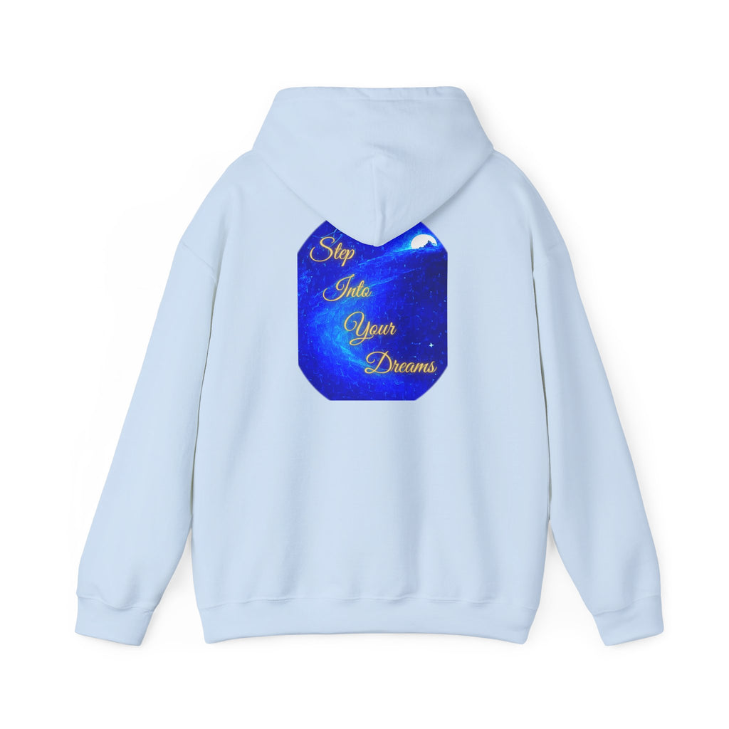 Step Into Your Dreams – Cosmic Gateway Back-print Hoodie | Tiny front badge | Gildan Heavy Blend™. Inspirational and Motivational Apparel, Gift for Dreamers, Creative Expression