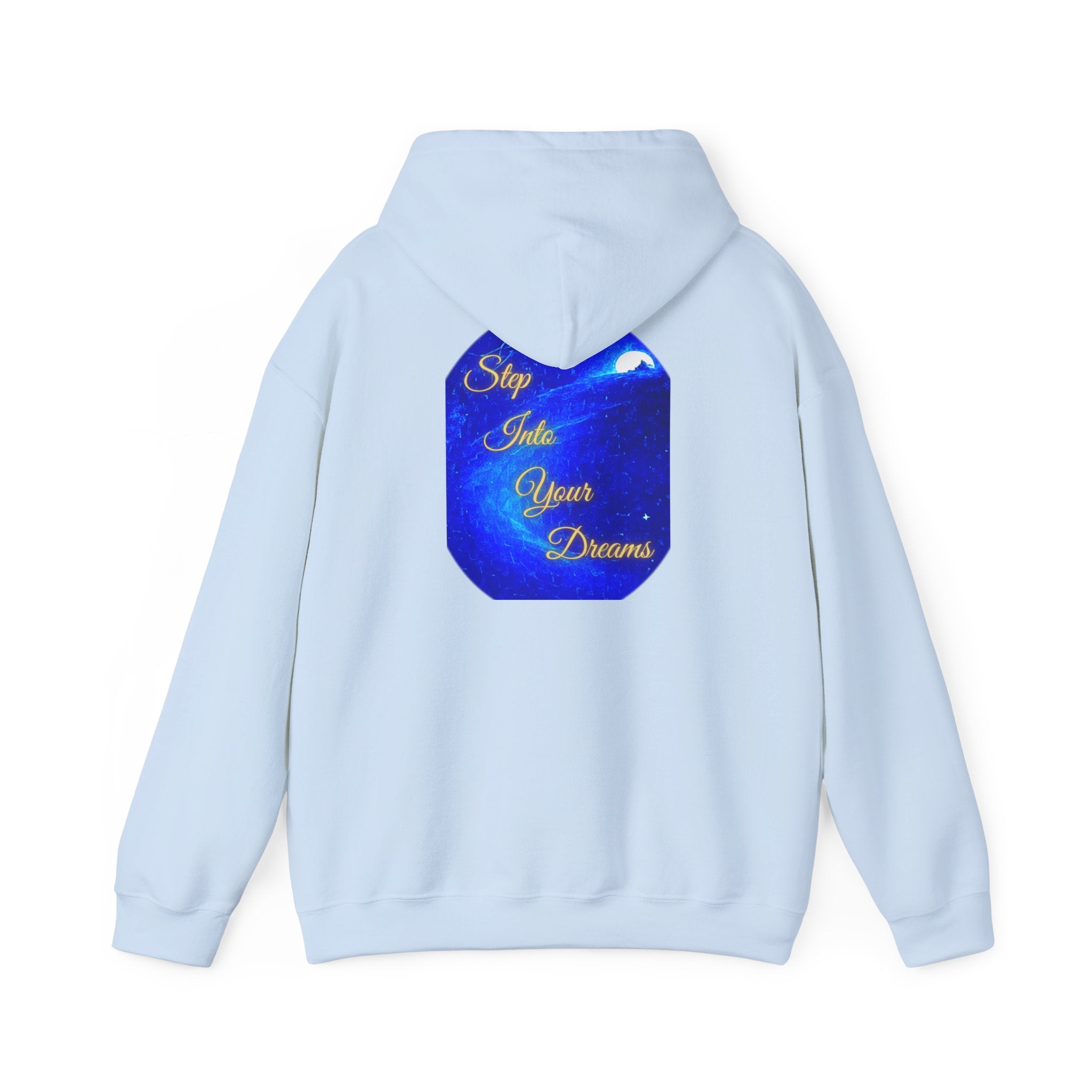 Step Into Your Dreams – Cosmic Gateway Back-print Hoodie | Tiny front badge | Gildan Heavy Blend™. Inspirational and Motivational Apparel, Gift for Dreamers, Creative Expression