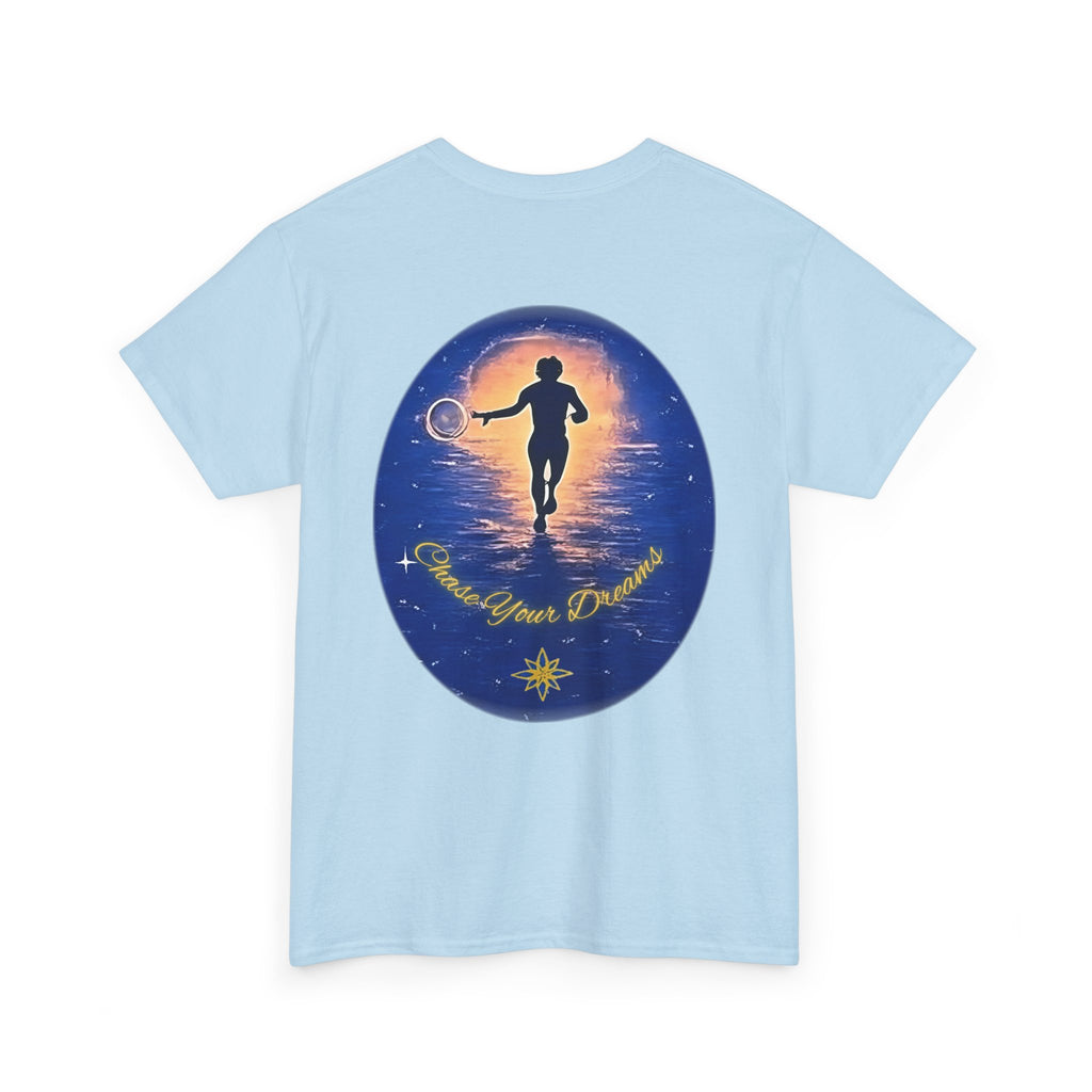 Chase Your Dreams – Sunrise Silhouette Back Printed Heavy Cotton Tee, Inspirational and Motivational Apparel, Gift for Dreamers, Creative Expression Wear