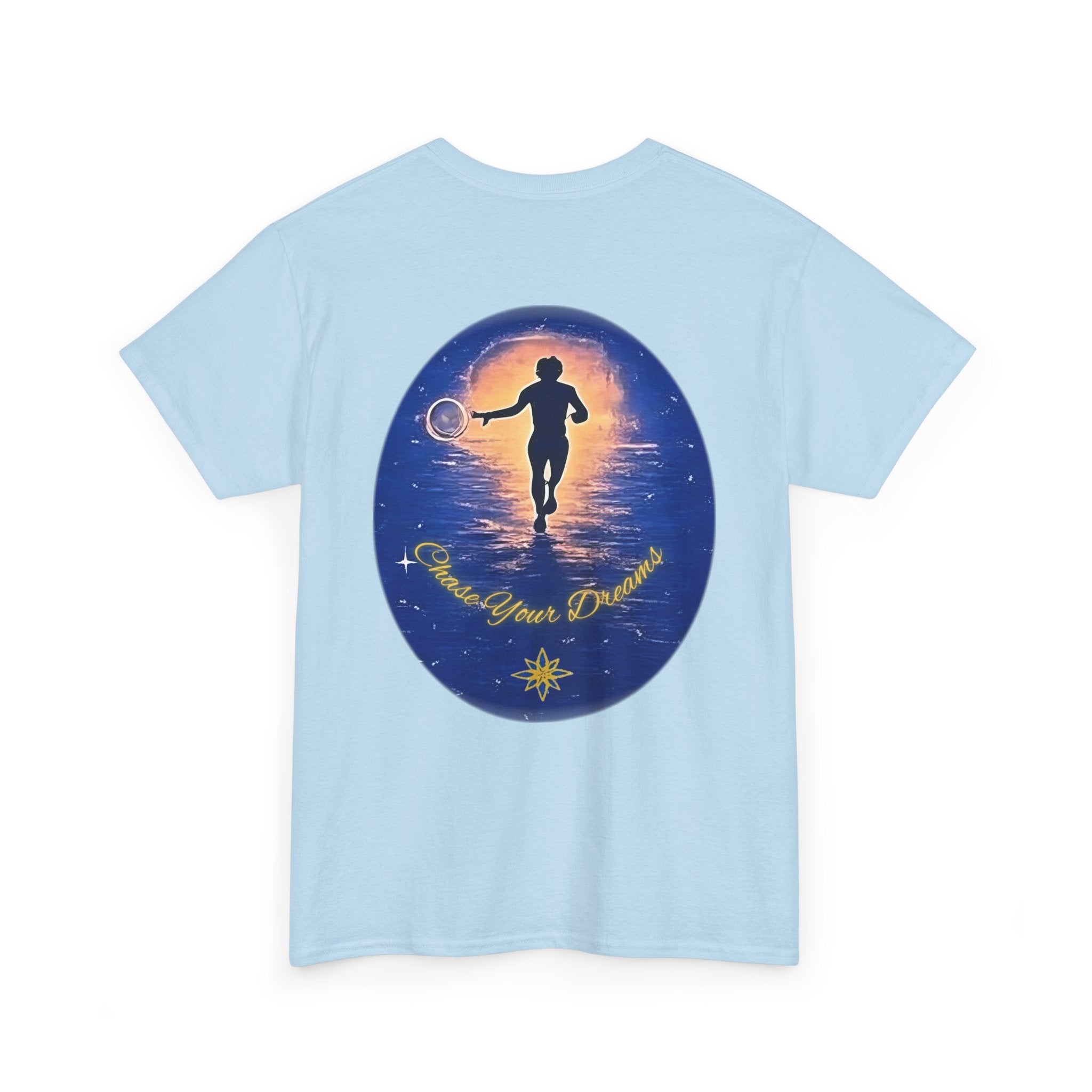 Chase Your Dreams – Sunrise Silhouette Back Printed Heavy Cotton Tee, Inspirational and Motivational Apparel, Gift for Dreamers, Creative Expression Wear