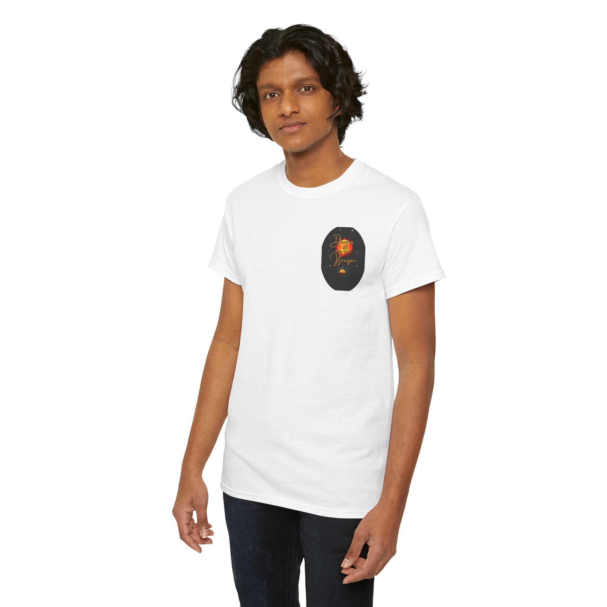 Dreams on the Horizon – Sunrise Back-Print Heavy Cotton Tee, Inspirational and Motivational Apparel, Gift for Dreamers, Creative Expression Wear