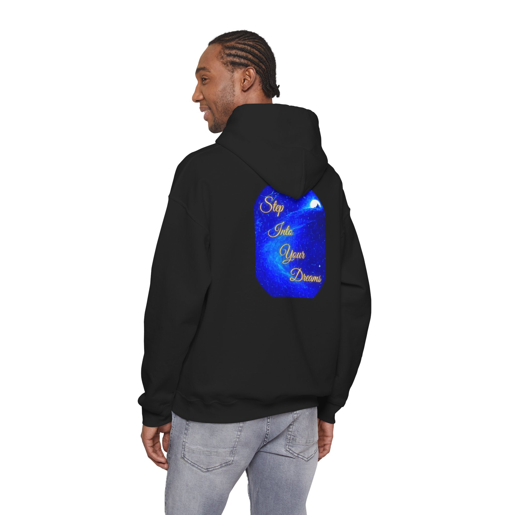 Step Into Your Dreams – Cosmic Gateway Back-print Hoodie | Tiny front badge | Gildan Heavy Blend™. Inspirational and Motivational Apparel, Gift for Dreamers, Creative Expression
