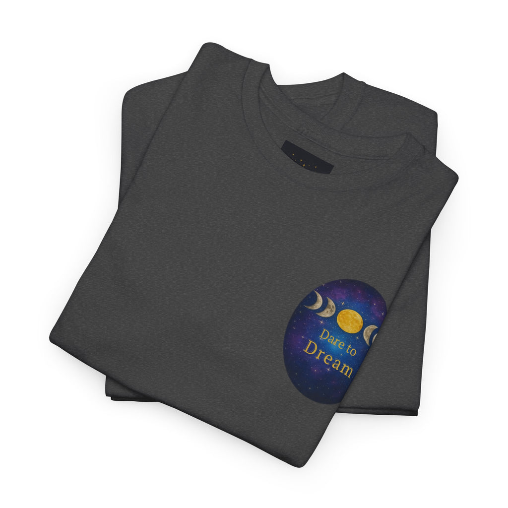 Dare to Dream Moon-Phase Tee – Golden Full Moon Back Print + Front Badge | Gildan 5000 Heavy Cotton, Inspirational and Motivational Apparel, Gift for Dreamers, Creative Expression Wear