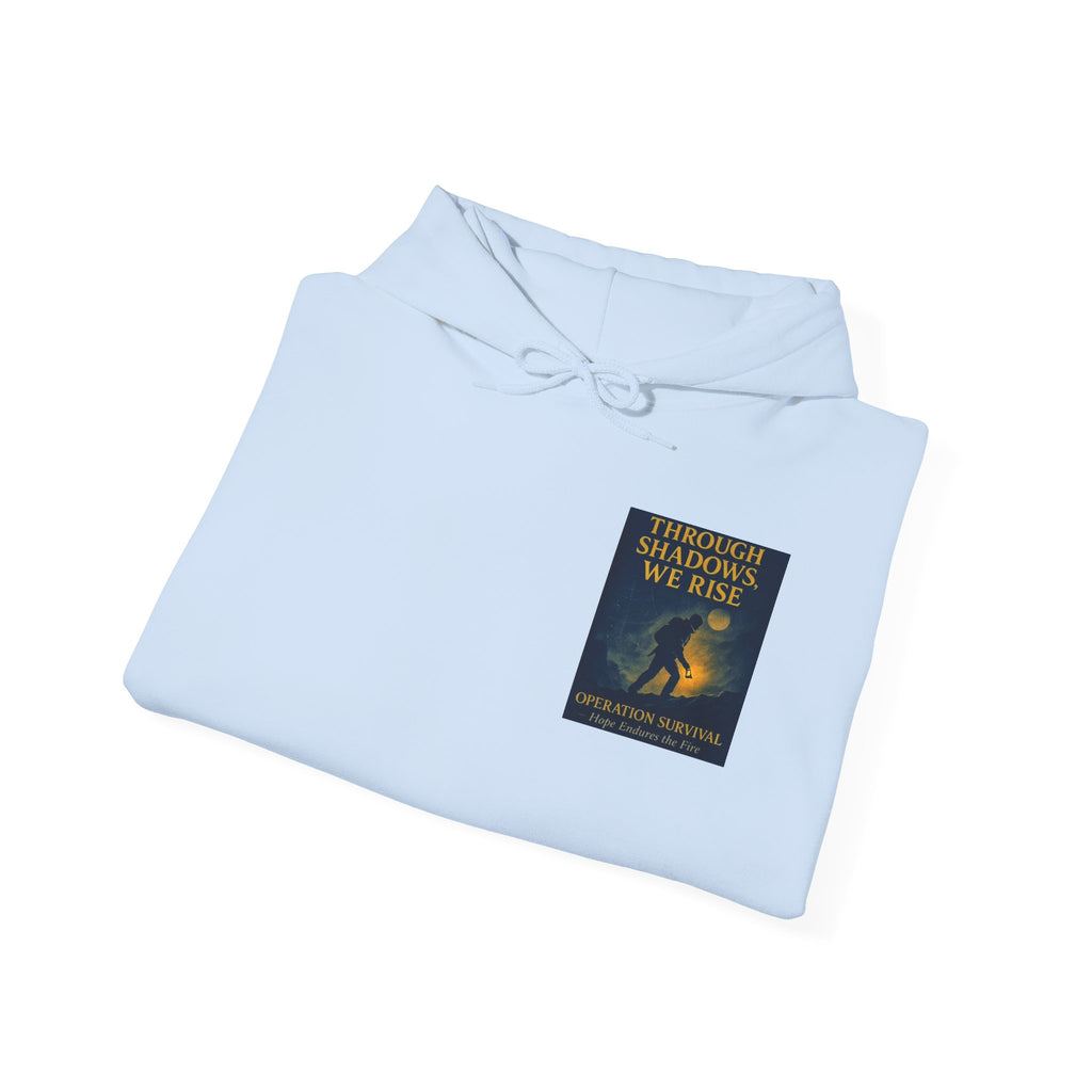 Through Shadows, We Rise – Back-print Cinematic Artwork Operation Survival Hoodie  | Gildan Heavy Blend™ 18500 — Inspirational and Motivational Apparel, Gift for Dreamers, Creative Expression Wear