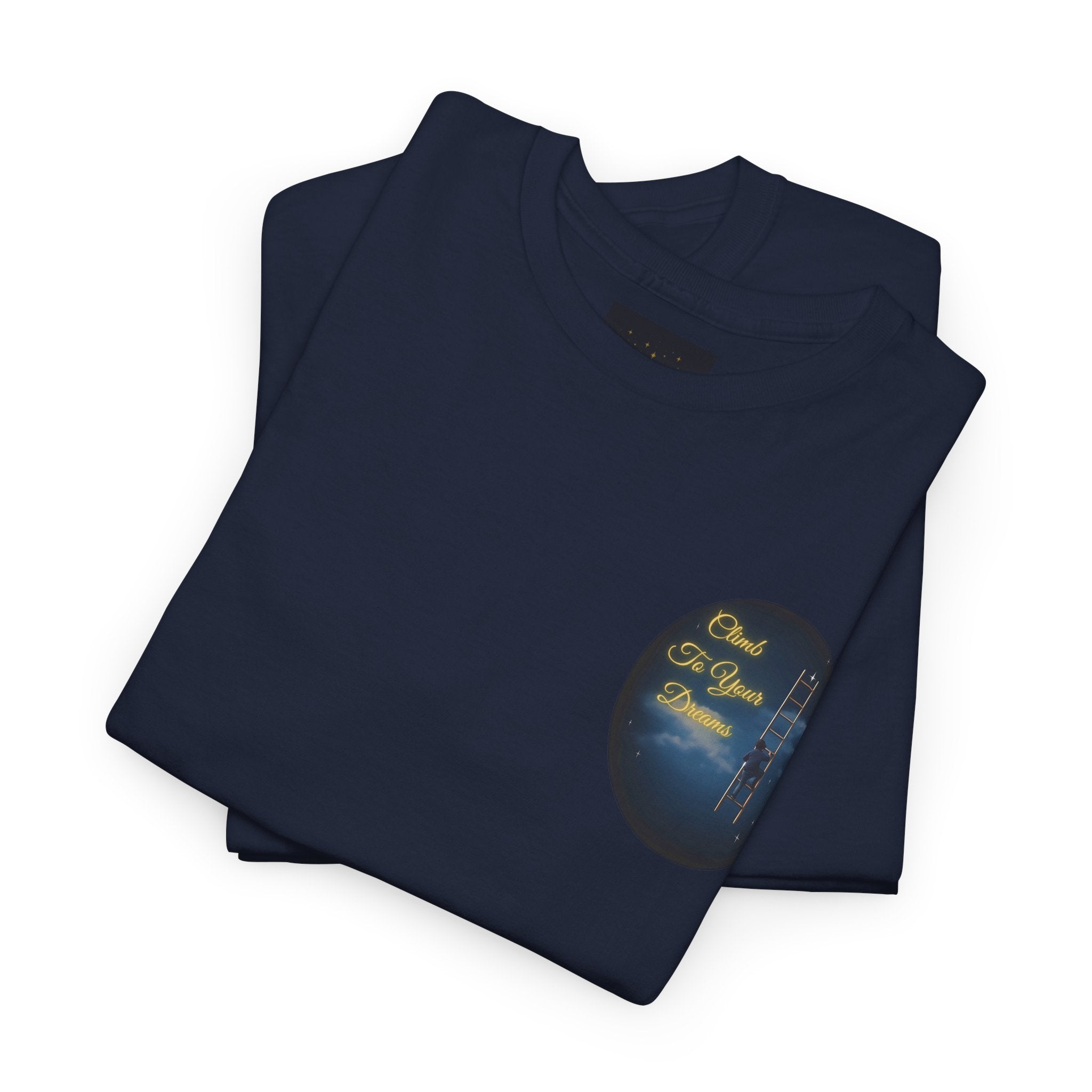 Climb To Your Dreams – Starry Night Ladder Back-Print Tee + Front Badge | Gildan 5000, Inspirational and Motivational Apparel, Gift for Dreamers, Creative Expression Wear